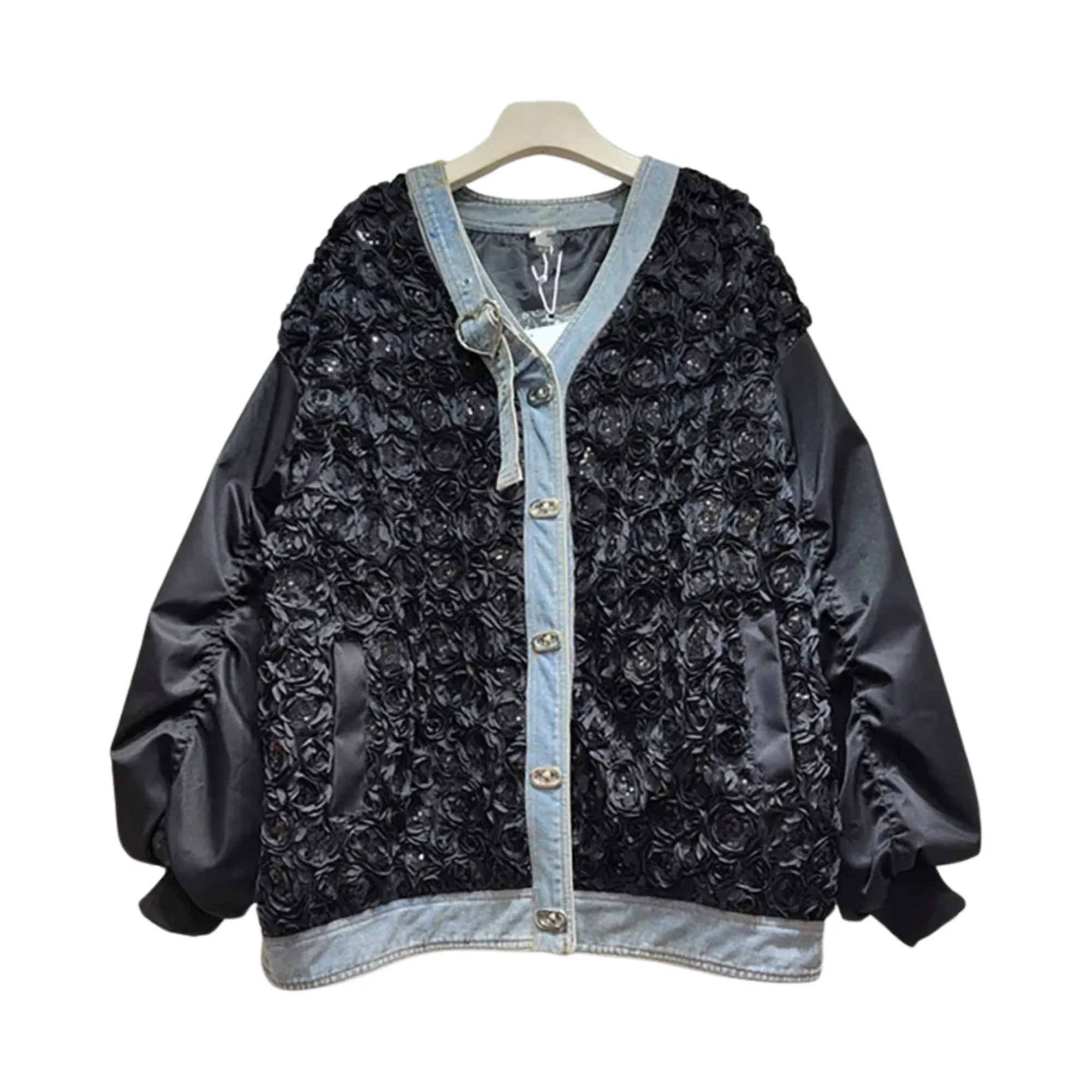 Pre Order:  Black Pleated Sequined Denim Patchwork Heart Buckle Jacket