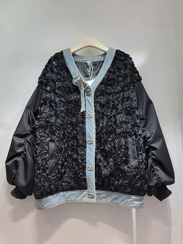 Pre Order:  Black Pleated Sequined Denim Patchwork Heart Buckle Jacket