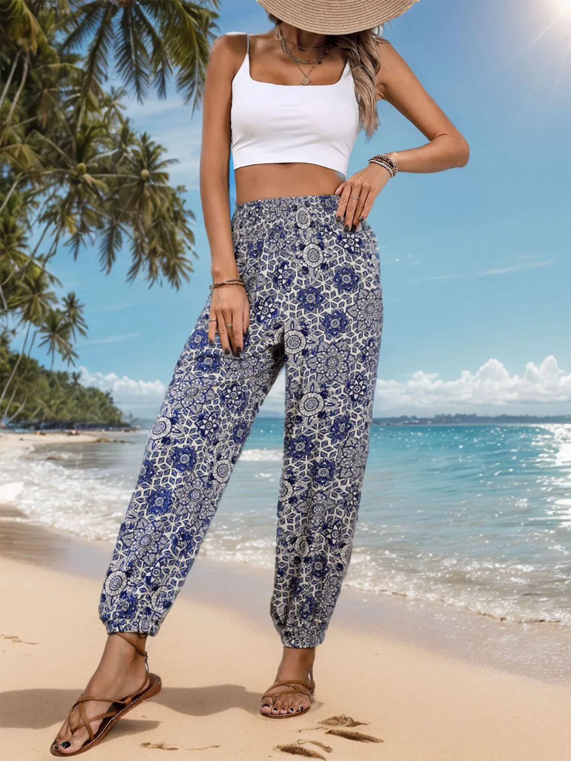 Printed Elastic Waist Pants