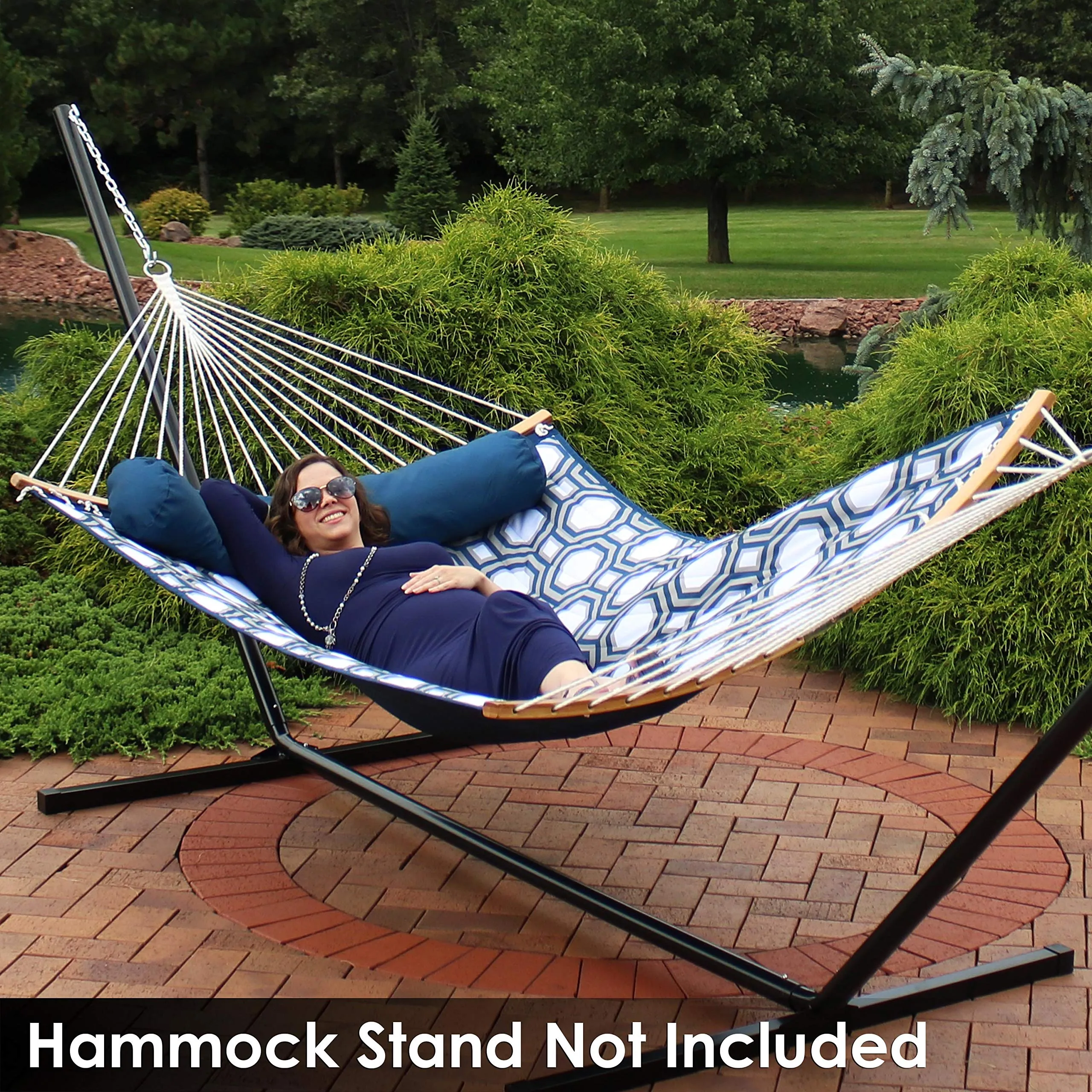 Quilted Double Hammock with 2 Curved Bamboo Spreader Bars - Sunnydaze