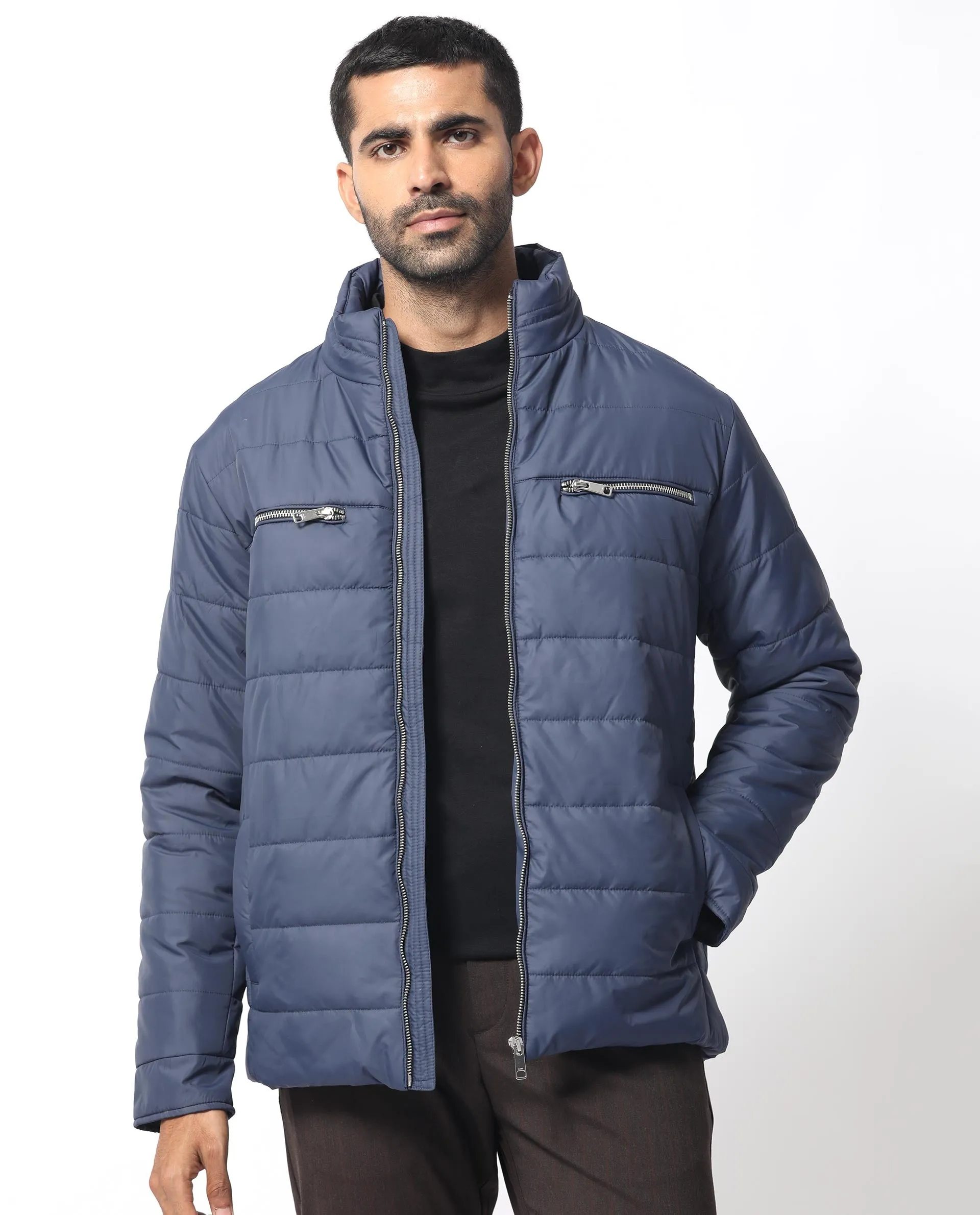 Rare Rabbit Men's Beylor Dark Navy Plain High Neck Puffer Jacket