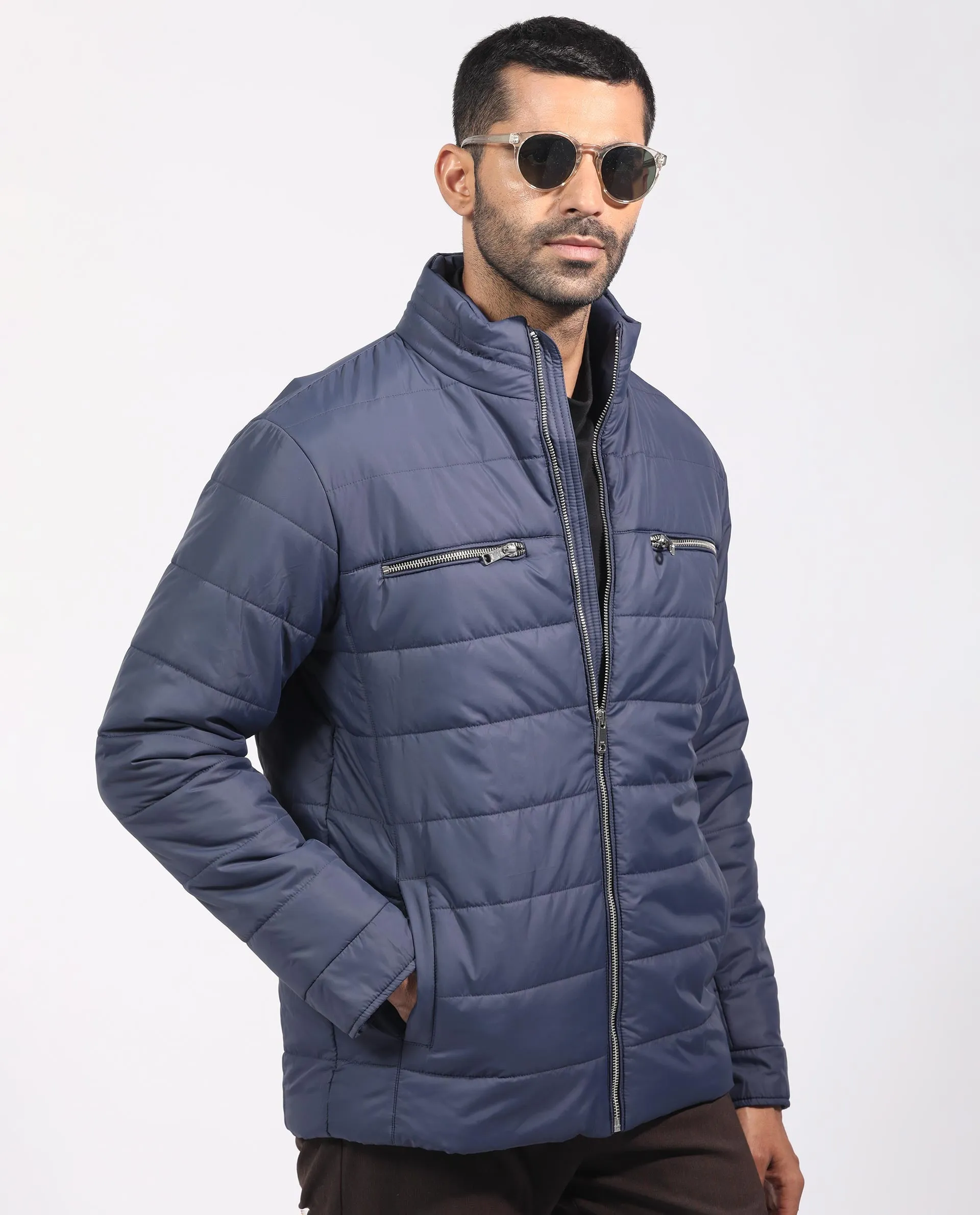 Rare Rabbit Men's Beylor Dark Navy Plain High Neck Puffer Jacket