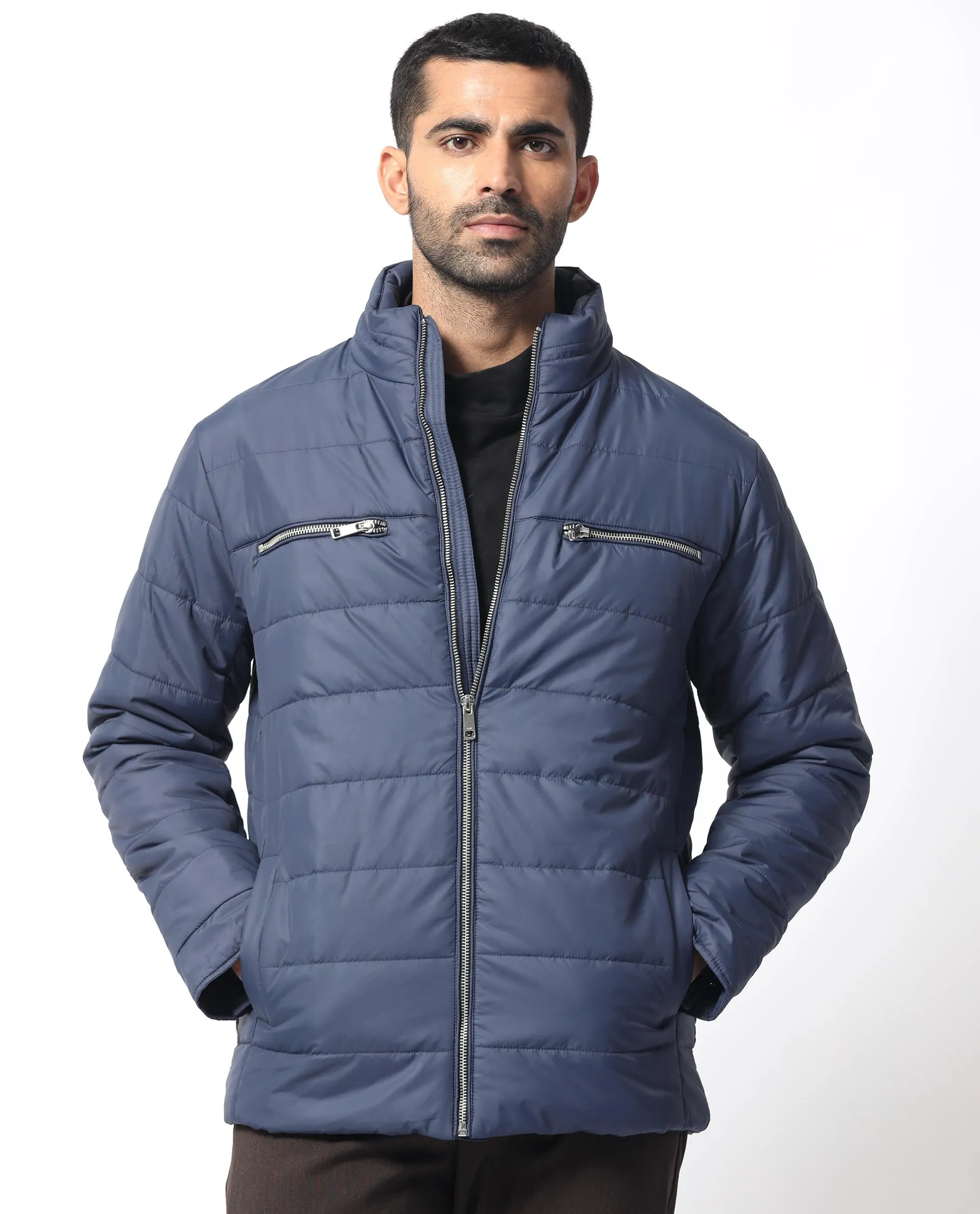 Rare Rabbit Men's Beylor Dark Navy Plain High Neck Puffer Jacket