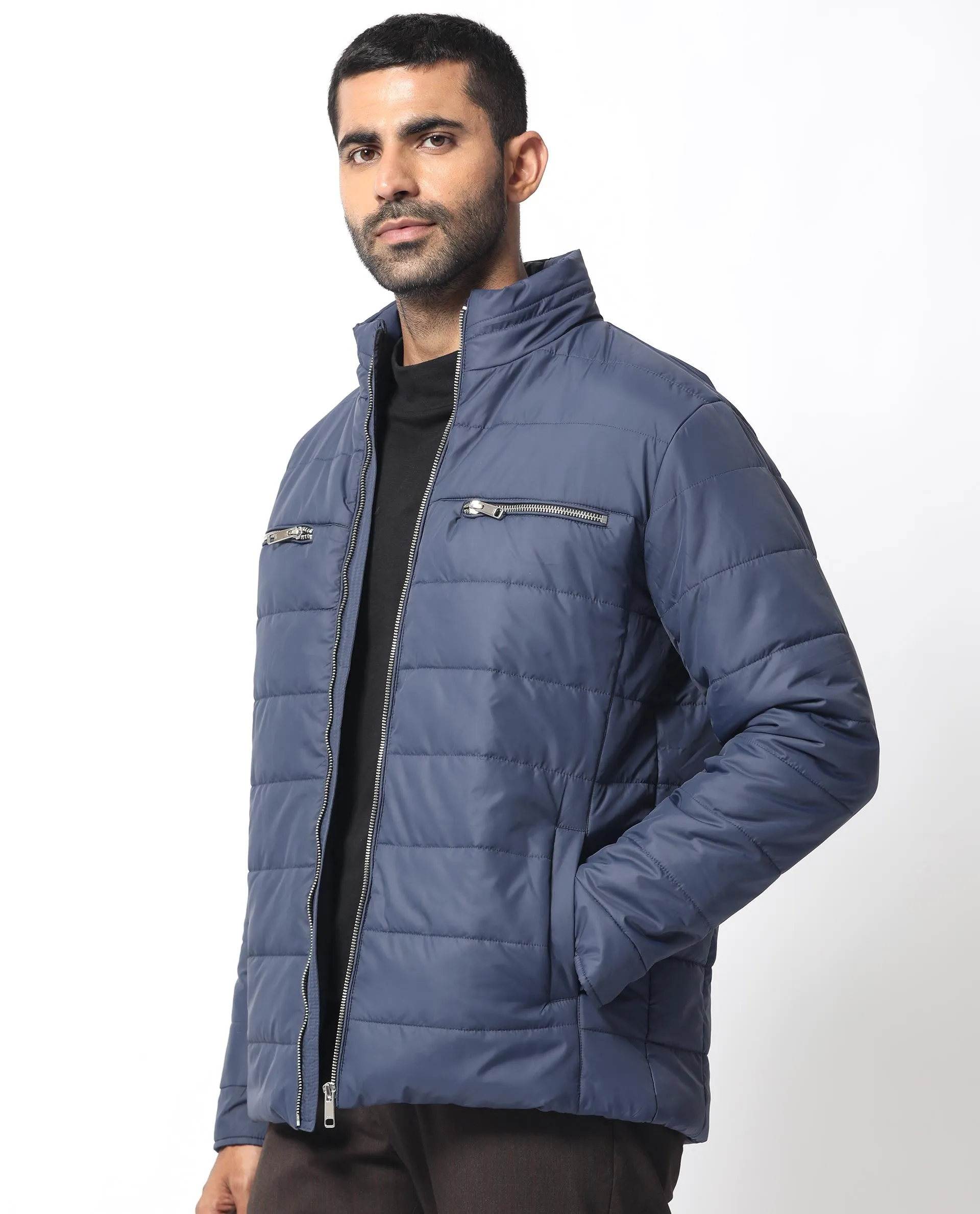 Rare Rabbit Men's Beylor Dark Navy Plain High Neck Puffer Jacket