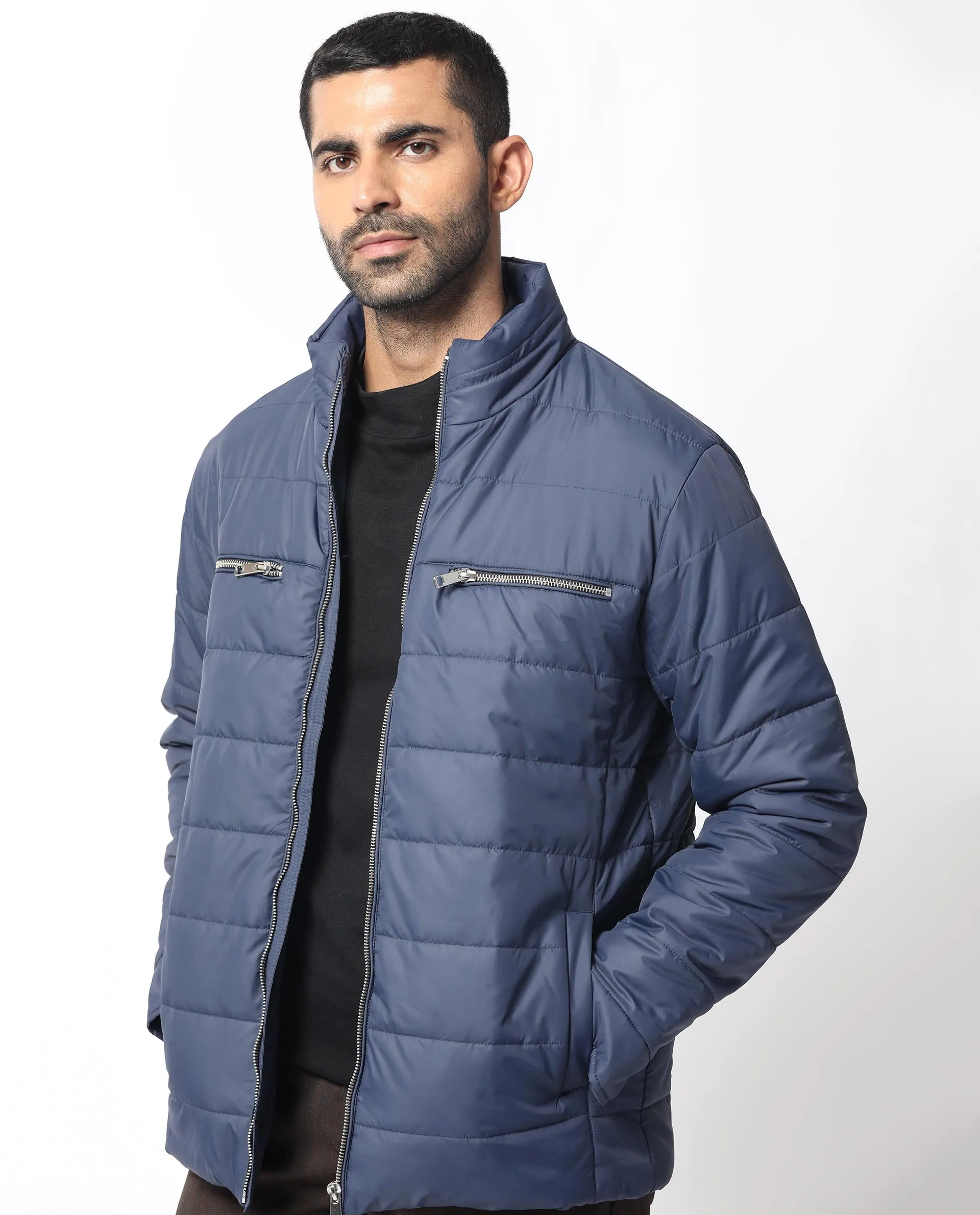 Rare Rabbit Men's Beylor Dark Navy Plain High Neck Puffer Jacket