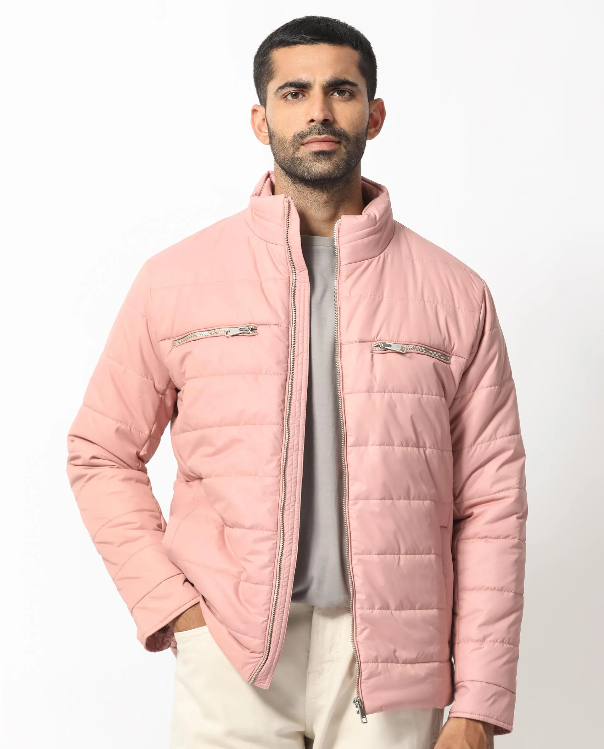 Rare Rabbit Men's Beylor Light Peach Plain High Neck Puffer Jacket