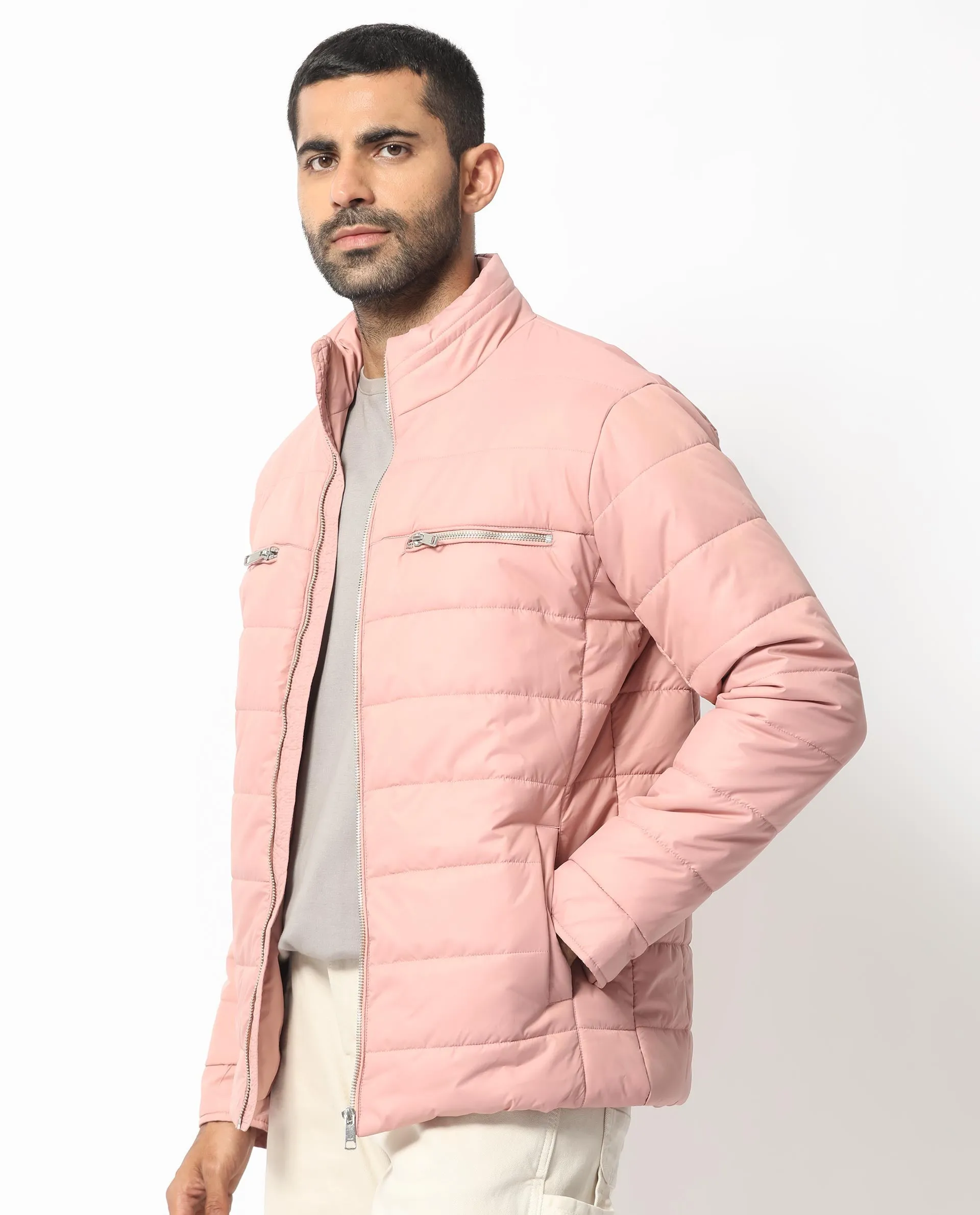 Rare Rabbit Men's Beylor Light Peach Plain High Neck Puffer Jacket