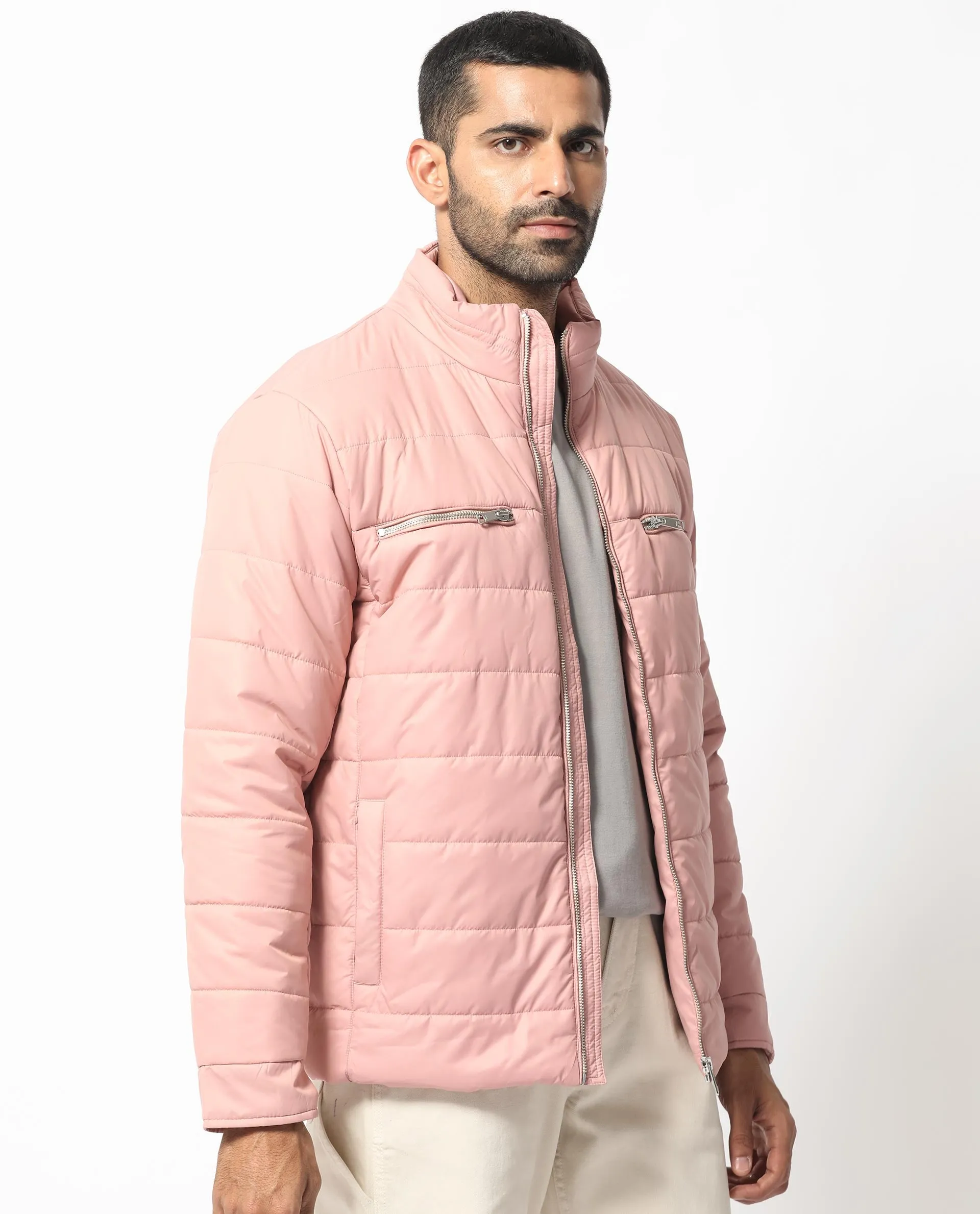 Rare Rabbit Men's Beylor Light Peach Plain High Neck Puffer Jacket