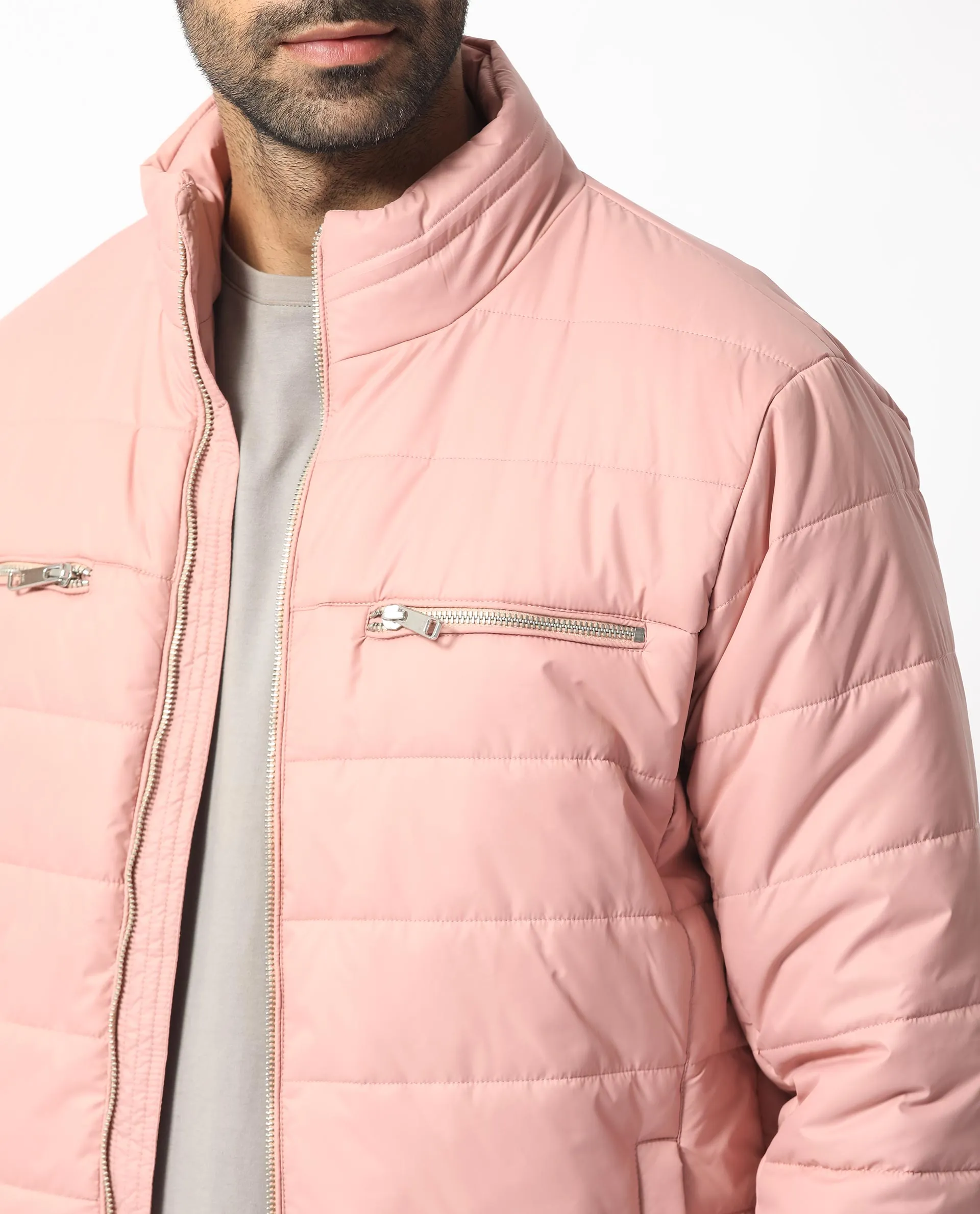 Rare Rabbit Men's Beylor Light Peach Plain High Neck Puffer Jacket