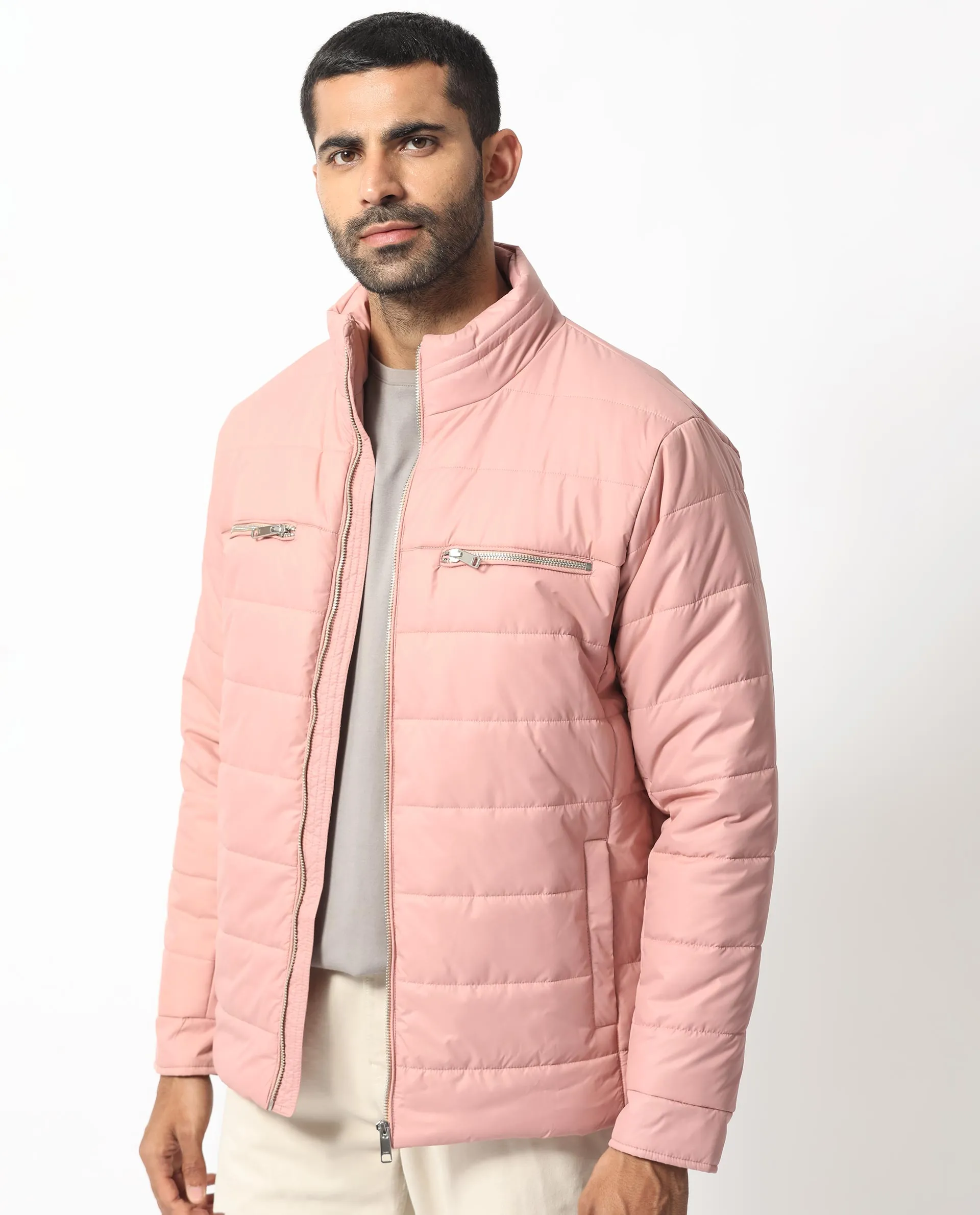 Rare Rabbit Men's Beylor Light Peach Plain High Neck Puffer Jacket