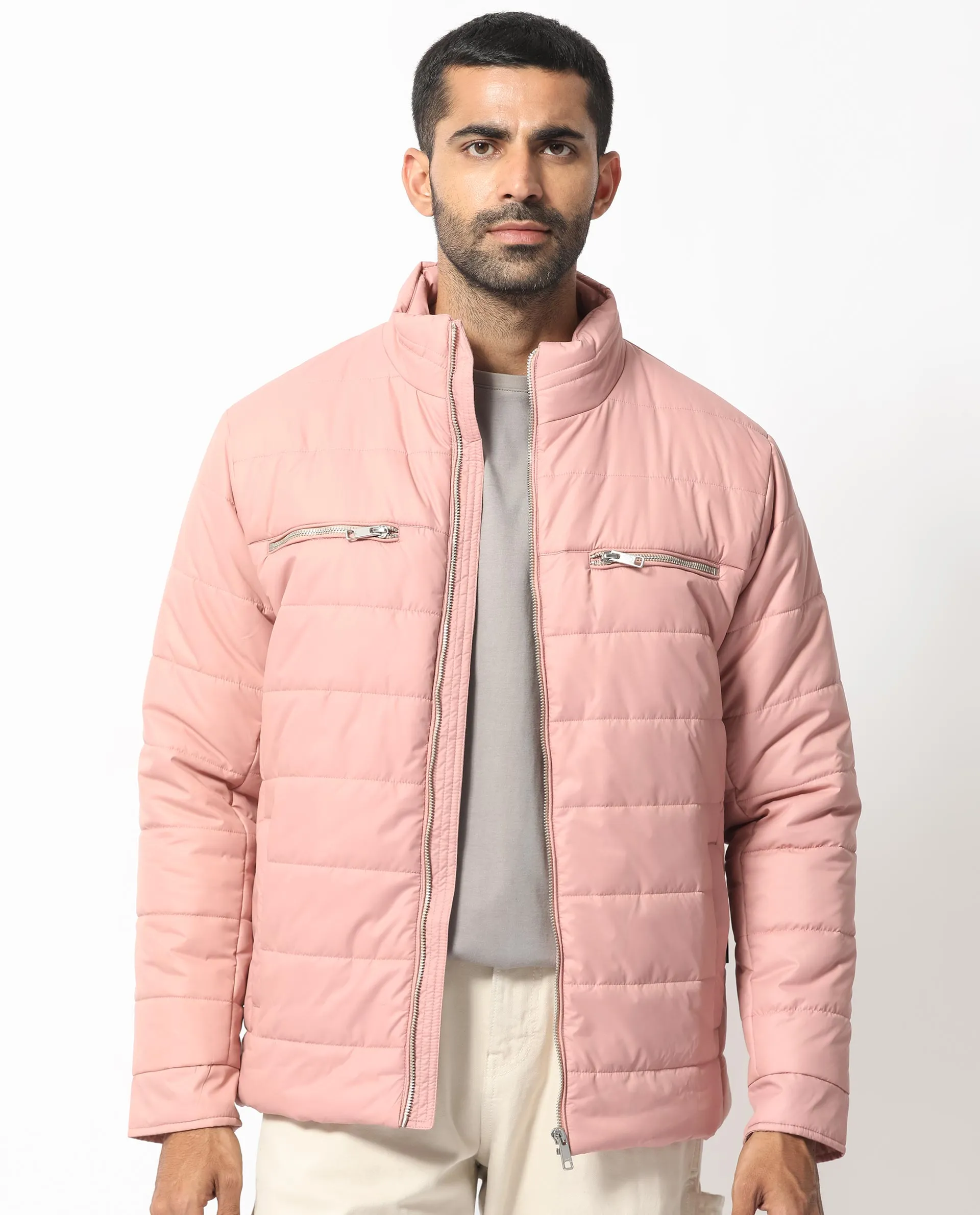 Rare Rabbit Men's Beylor Light Peach Plain High Neck Puffer Jacket