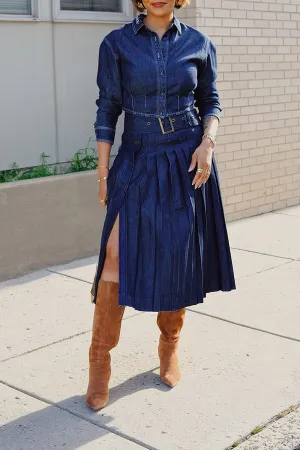 Retro Denim Jacket & Pleated Skirt Set