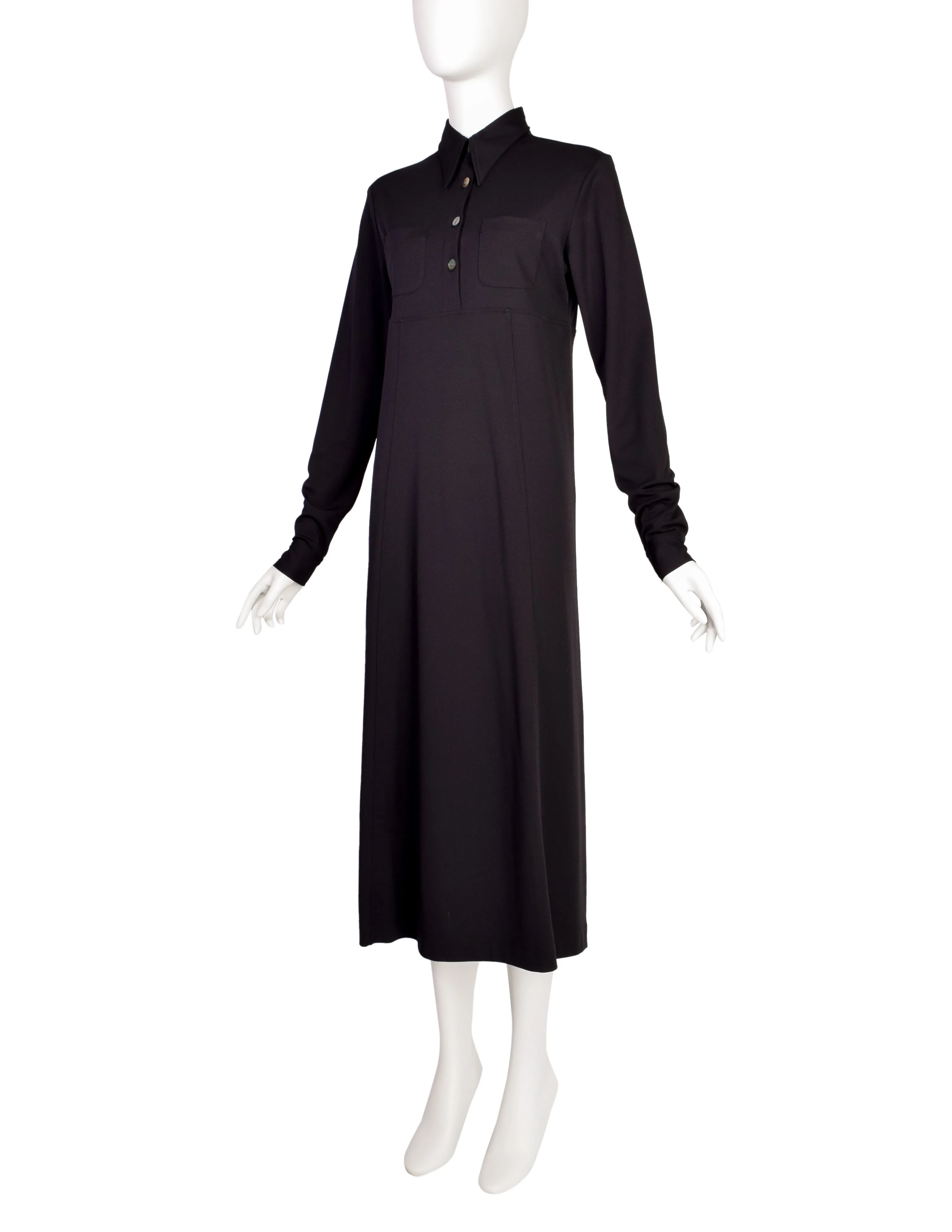 Romeo Gigli Vintage G Gigli 1990s Black Empire Waist Long Collared Shirt Dress