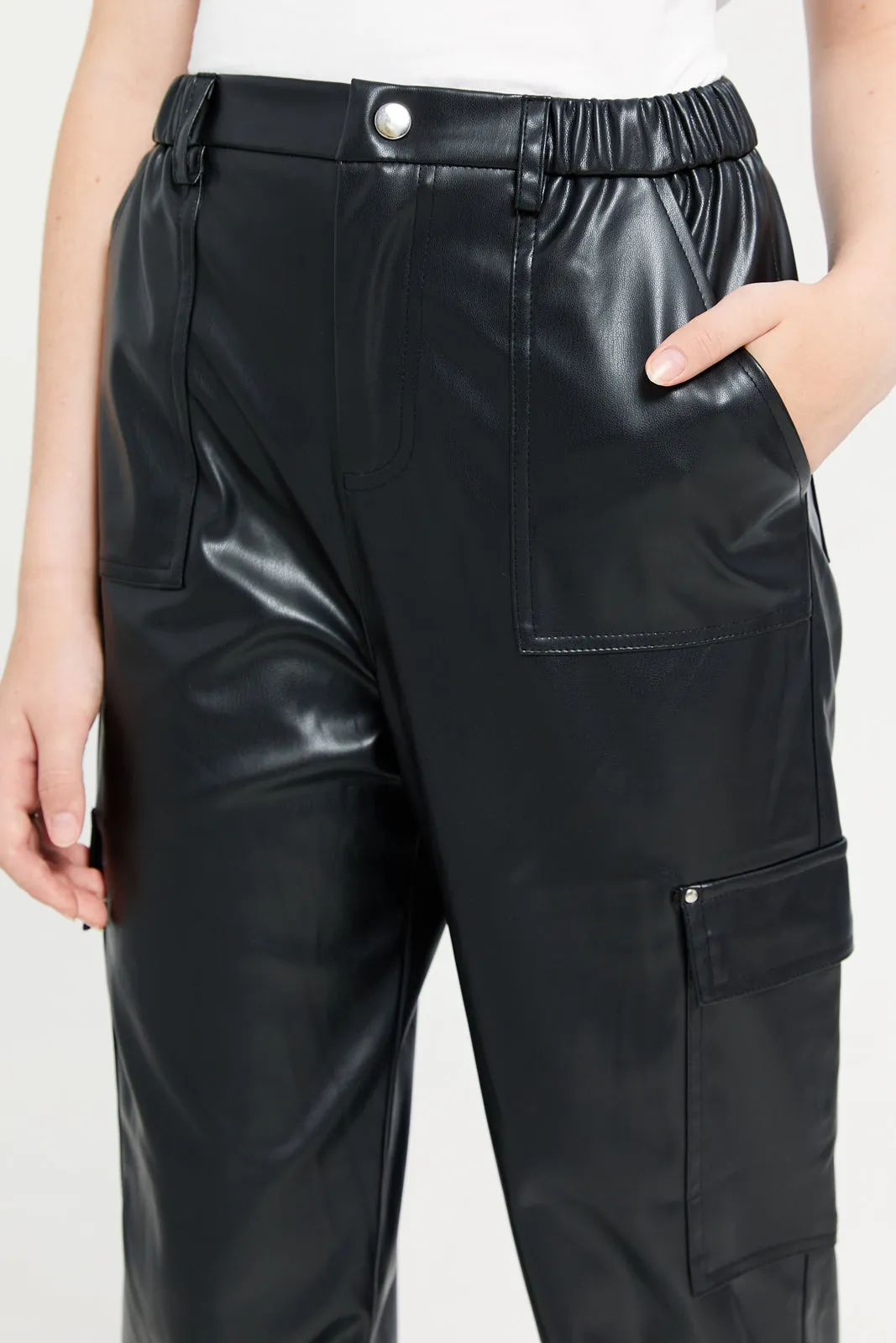 Senior Girls Black Leather Cargo Pants