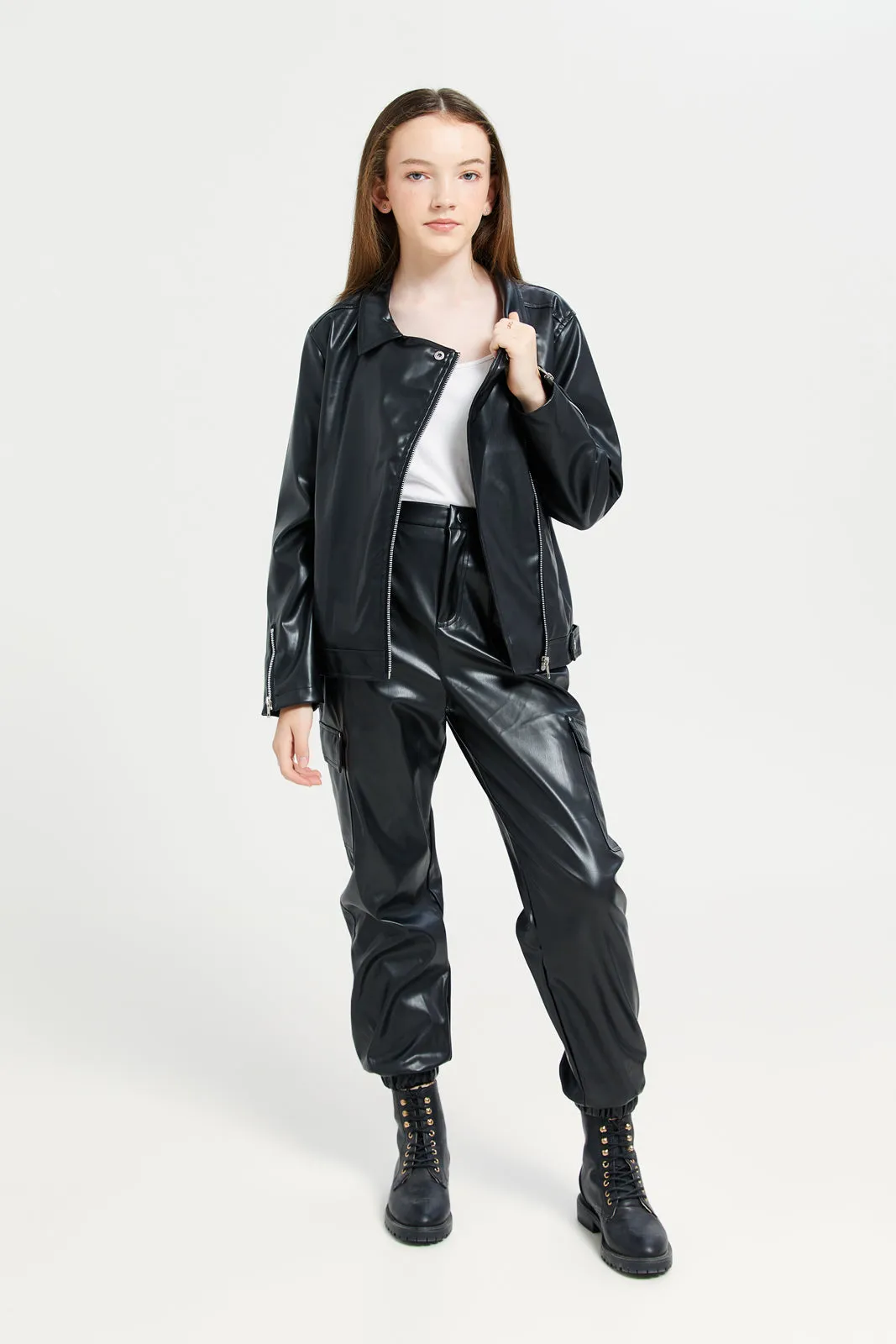 Senior Girls Black Leather Cargo Pants