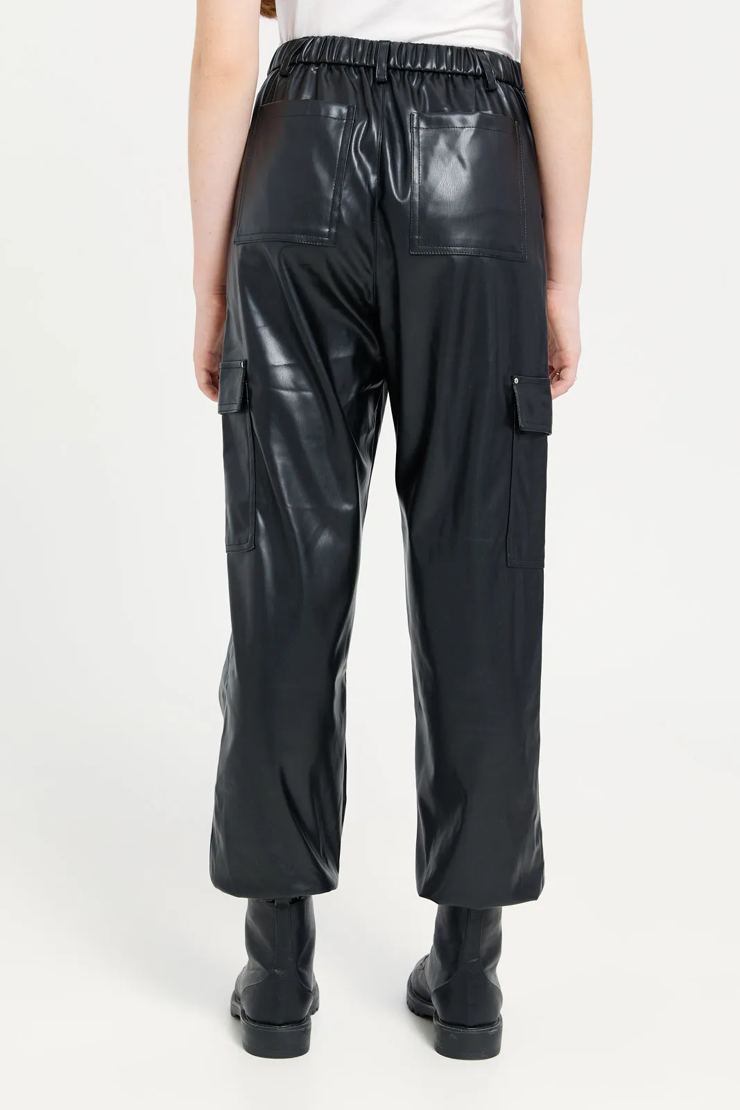 Senior Girls Black Leather Cargo Pants