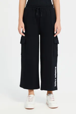 Senior Girls Black Wide Leg Cargo Pocket Pants