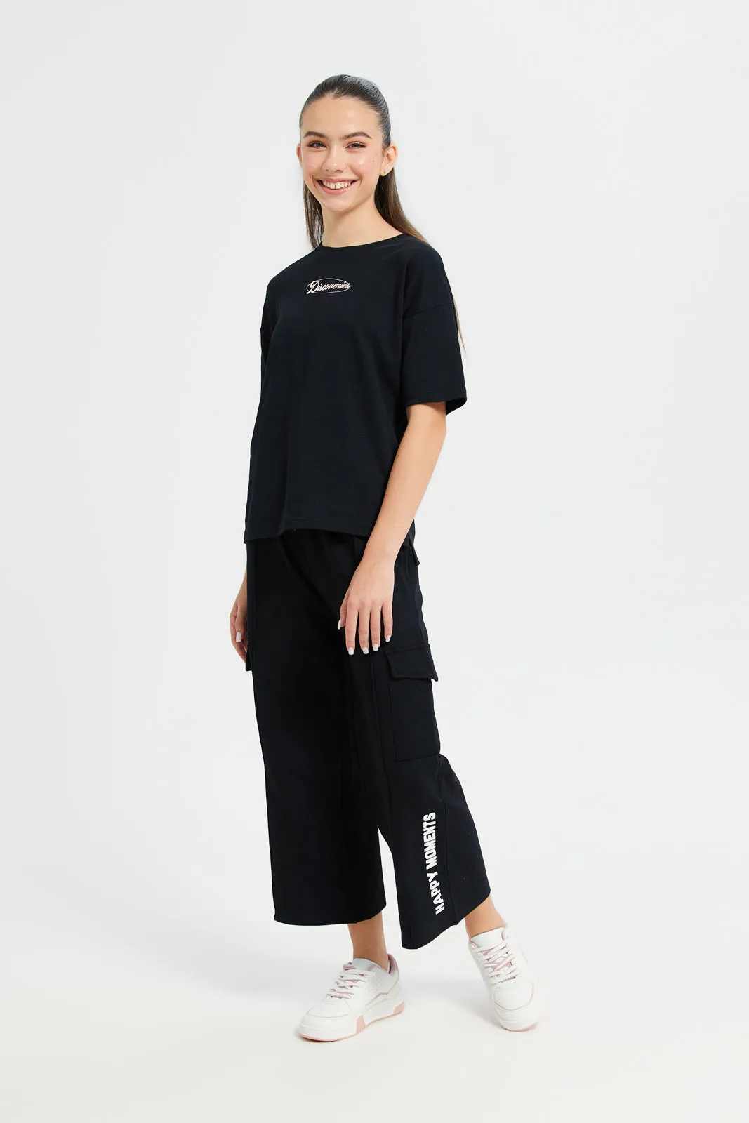 Senior Girls Black Wide Leg Cargo Pocket Pants