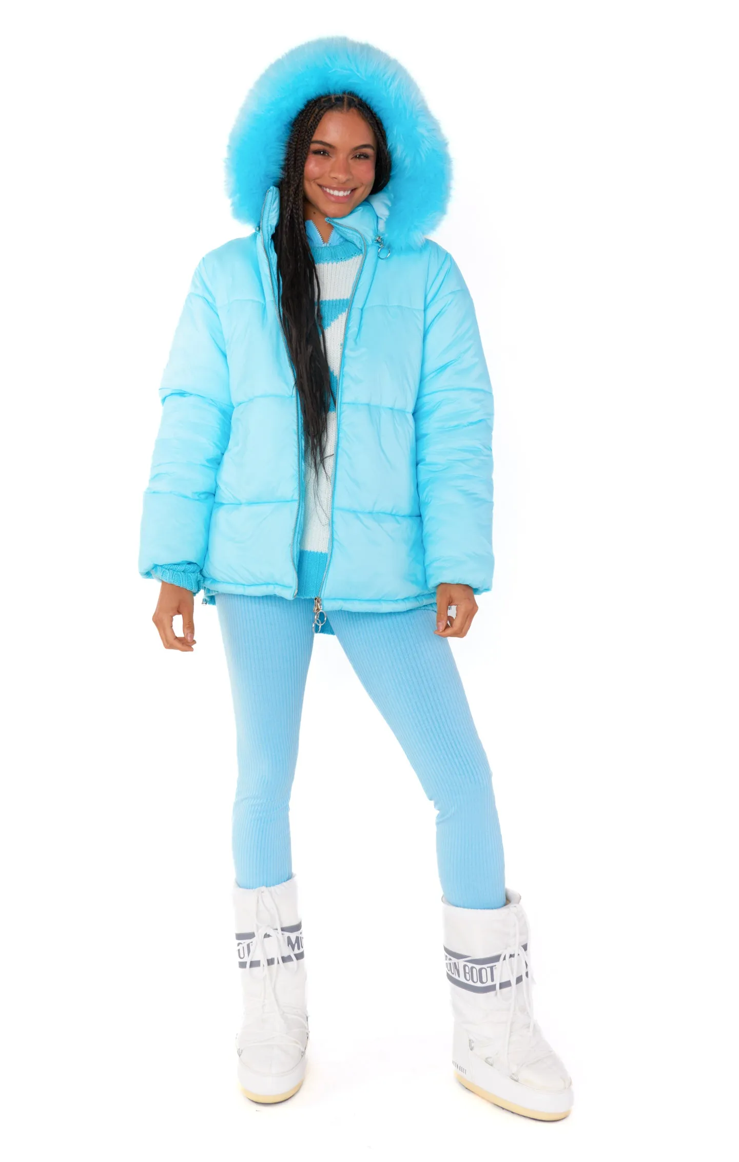 Snowbird Puffer Jacket ~ Powder Blue with Faux Fur