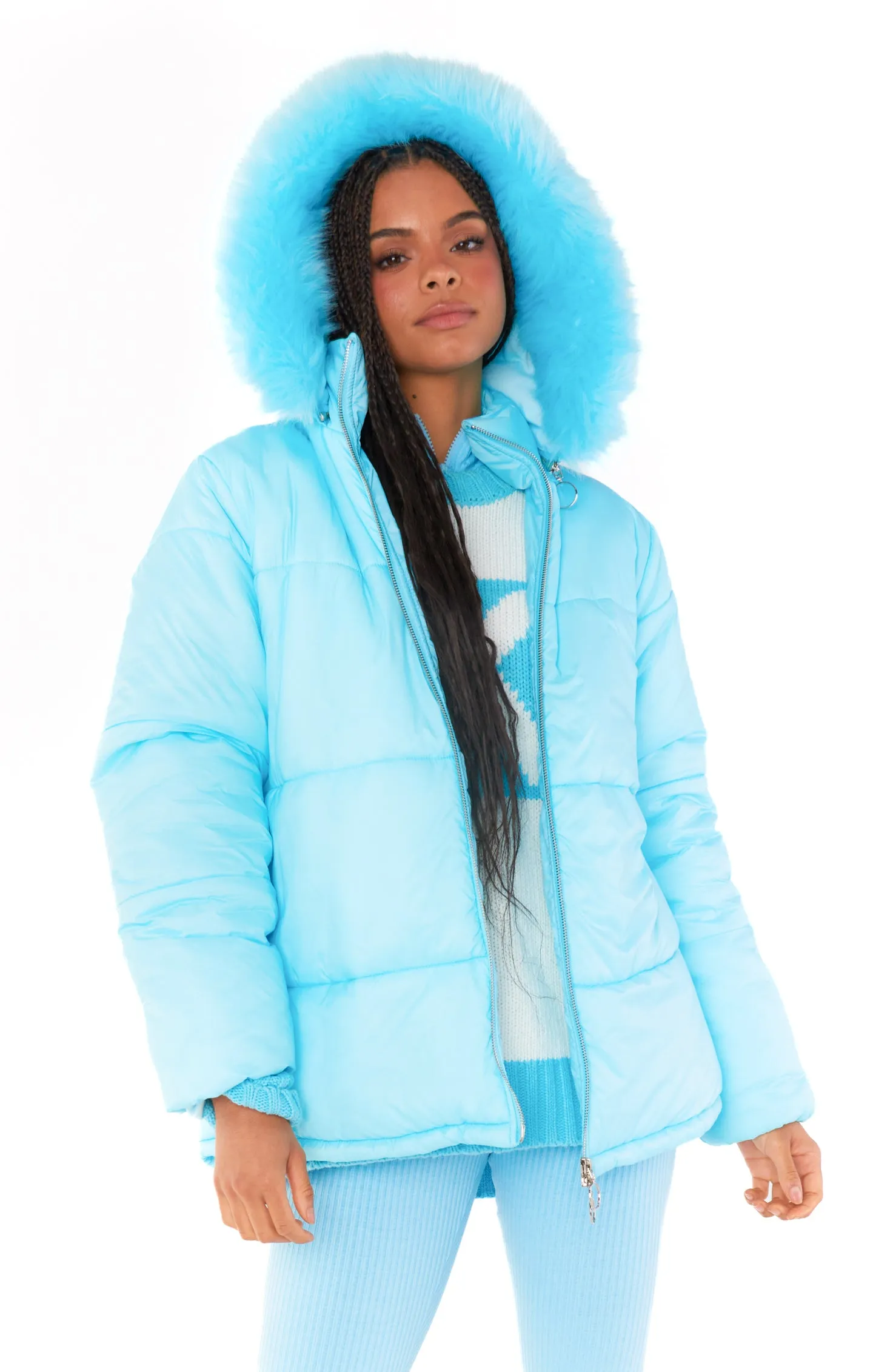 Snowbird Puffer Jacket ~ Powder Blue with Faux Fur