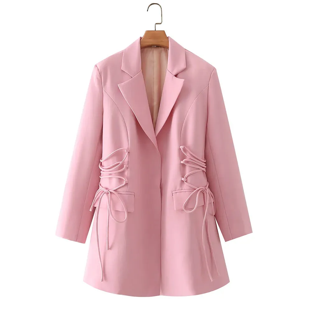 Solid Spliced Drawstring Blazers For Women Notched Collar Long Sleeve Tunic Slim Blazer Female Fashion Clothing