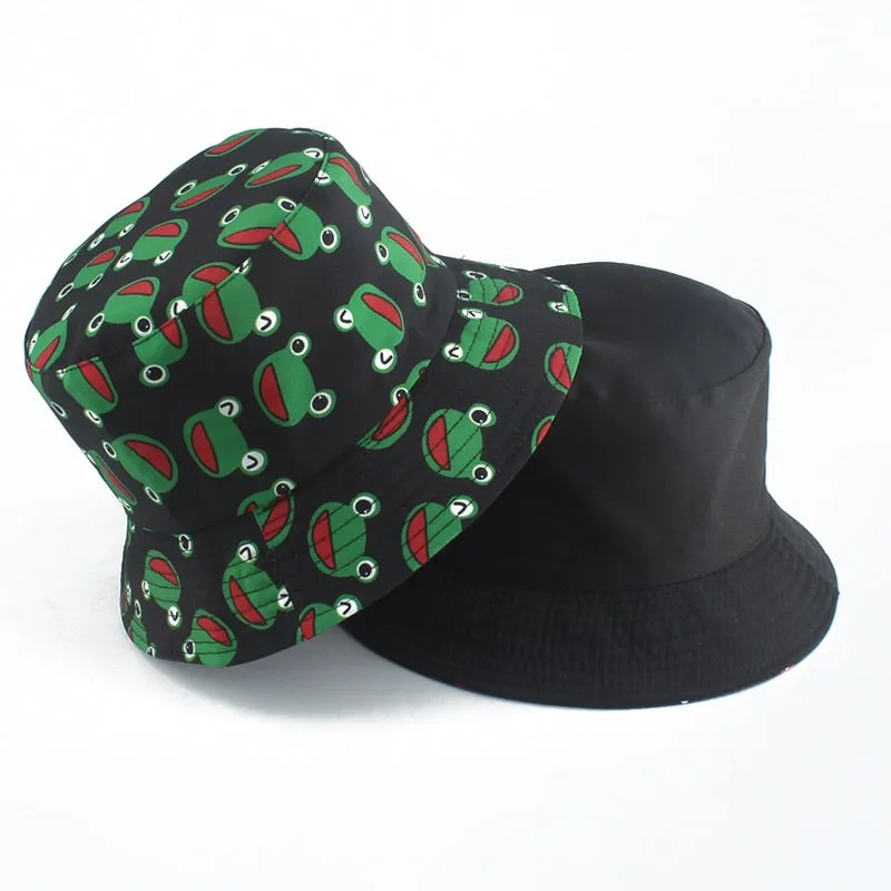 Summer Fisherman Hat Reversible Cartoon Bucket Hats For Women Men Street Hip Hop Bucket Cap Vintage Printed Fishing Hat