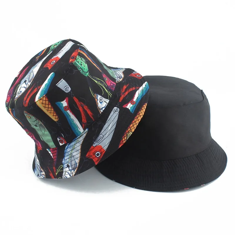 Summer Fisherman Hat Reversible Cartoon Bucket Hats For Women Men Street Hip Hop Bucket Cap Vintage Printed Fishing Hat