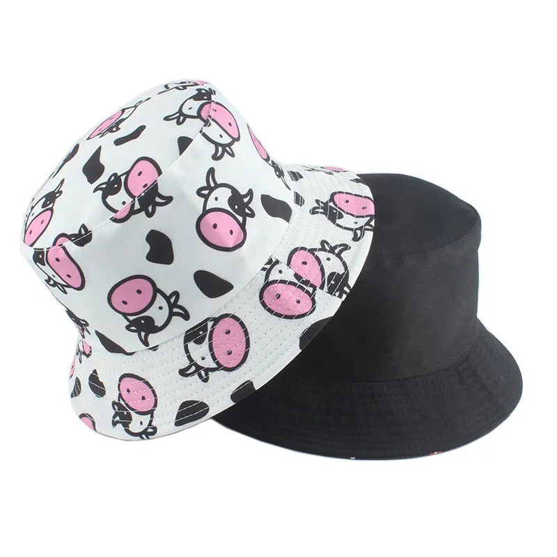 Summer Fisherman Hat Reversible Cartoon Bucket Hats For Women Men Street Hip Hop Bucket Cap Vintage Printed Fishing Hat