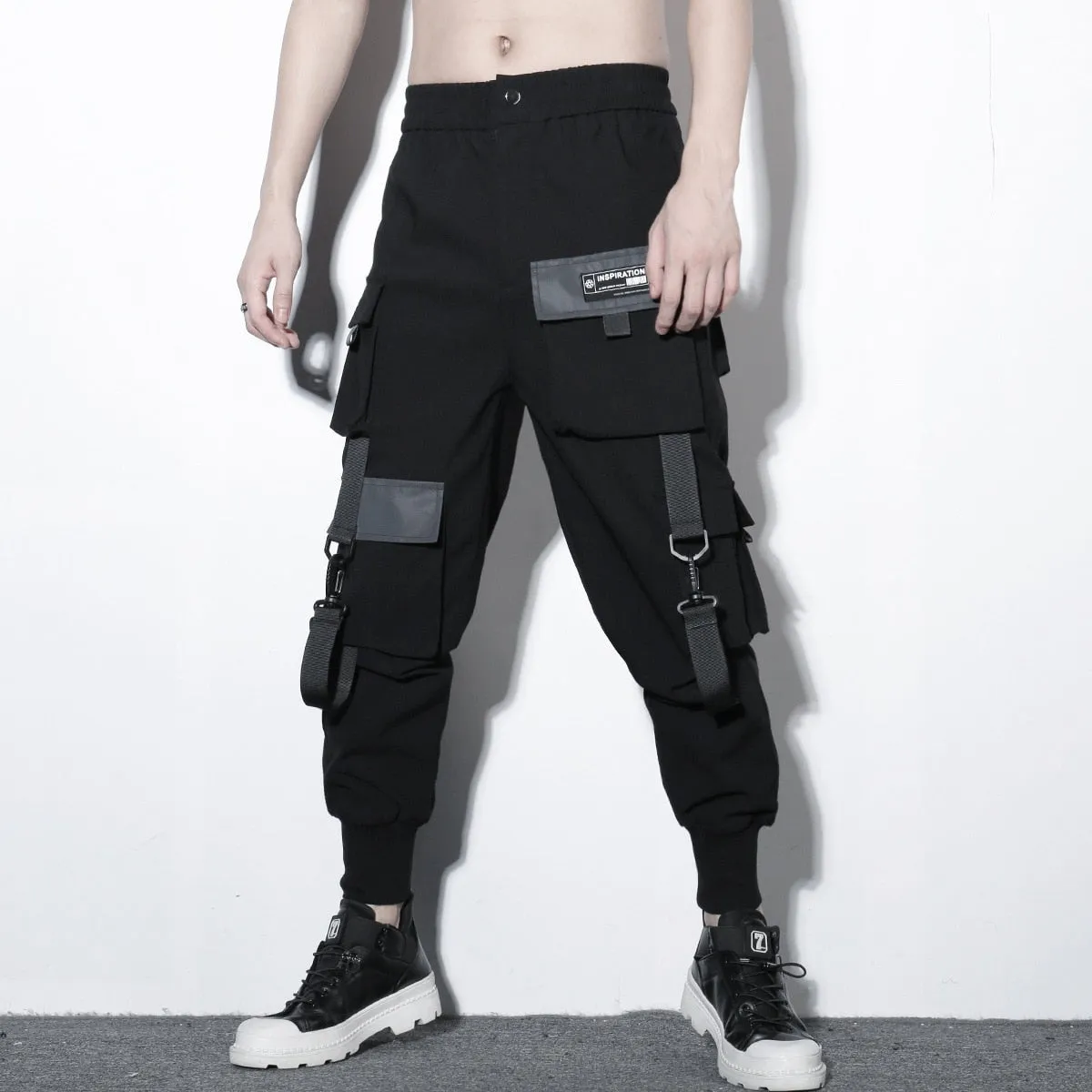 Tactical Cargo Pants Men Harajuku Streetwear Function Pant Ribbon Multi-pocket Trousers Elastic Waist HipHop Male WB526