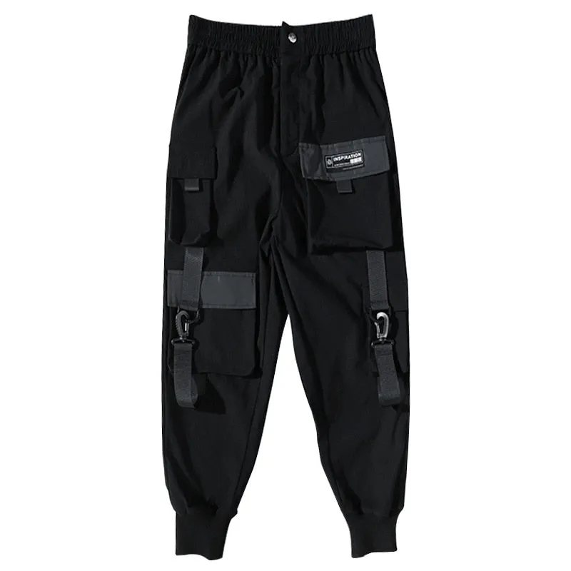 Tactical Cargo Pants Men Harajuku Streetwear Function Pant Ribbon Multi-pocket Trousers Elastic Waist HipHop Male WB526