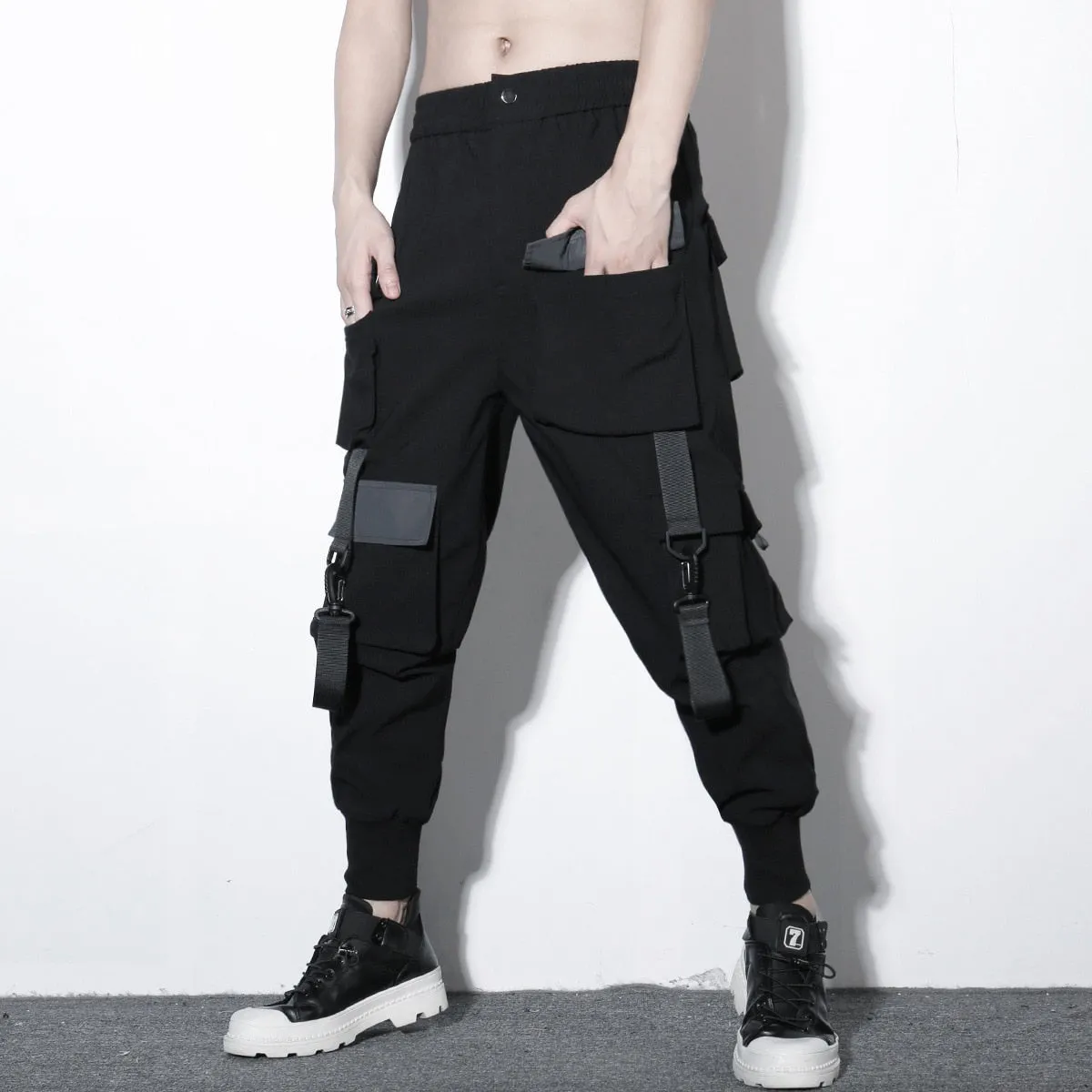 Tactical Cargo Pants Men Harajuku Streetwear Function Pant Ribbon Multi-pocket Trousers Elastic Waist HipHop Male WB526