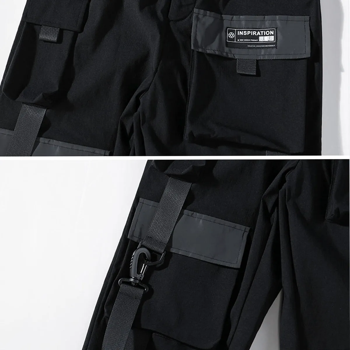 Tactical Cargo Pants Men Harajuku Streetwear Function Pant Ribbon Multi-pocket Trousers Elastic Waist HipHop Male WB526