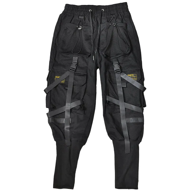 Tactical Cargo Pants Men Harajuku Streetwear Function Pants Ribbon Multi-pocket Trousers Elastic Waist Hip Hop Male WB283