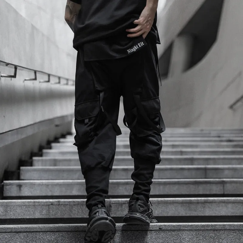 Tactical Cargo Pants Men Harajuku Streetwear Function Pants Ribbon Multi-pocket Trousers Elastic Waist Hip Hop Male WB283