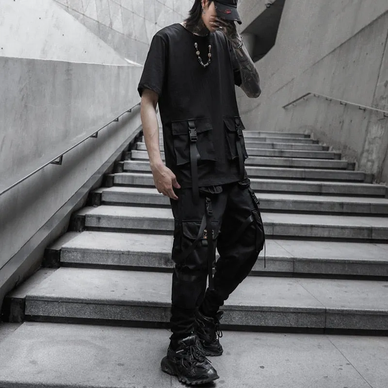 Tactical Cargo Pants Men Harajuku Streetwear Function Pants Ribbon Multi-pocket Trousers Elastic Waist Hip Hop Male WB283