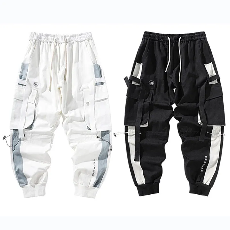 Tactical Ribbons Cargo Trousers Men Hip Hop Streetwear Elastic Waist Patchwork Pants Joggers Multi-pocket Black White WB510