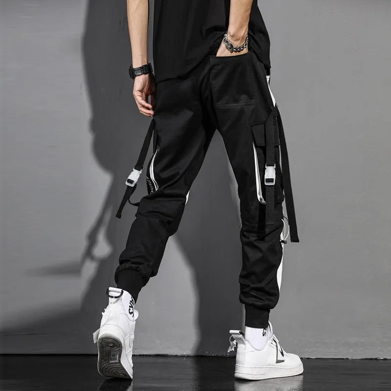 Tactical Ribbons Cargo Trousers Men Hip Hop Streetwear Elastic Waist Patchwork Pants Joggers Multi-pocket Black White WB510