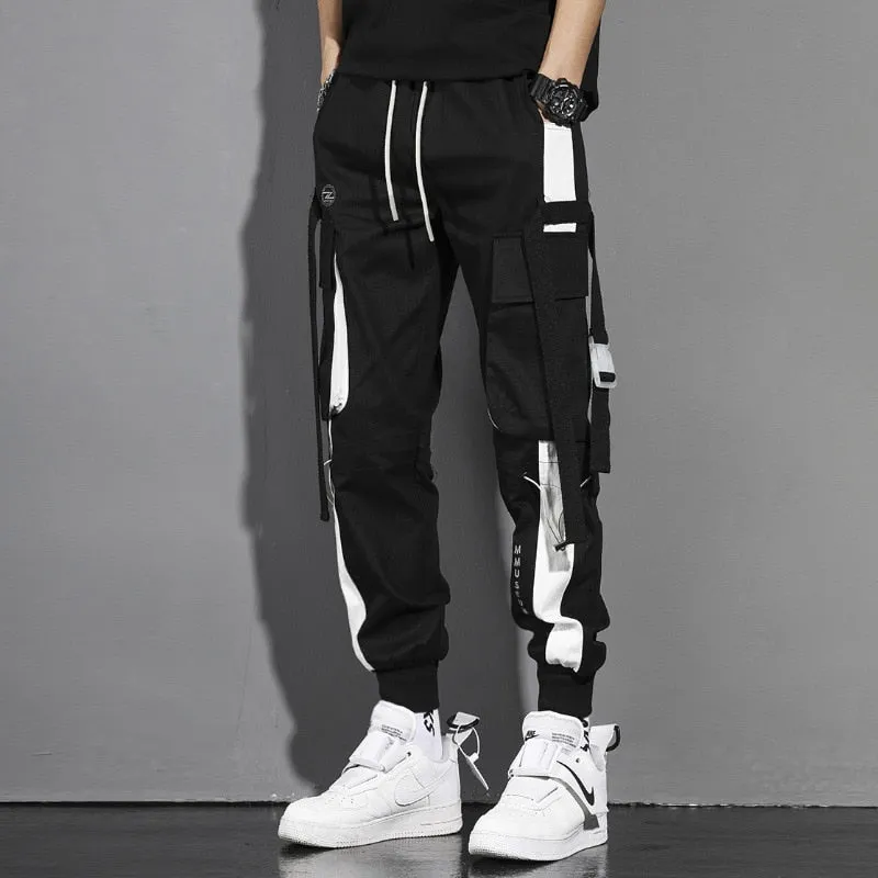 Tactical Ribbons Cargo Trousers Men Hip Hop Streetwear Elastic Waist Patchwork Pants Joggers Multi-pocket Black White WB510