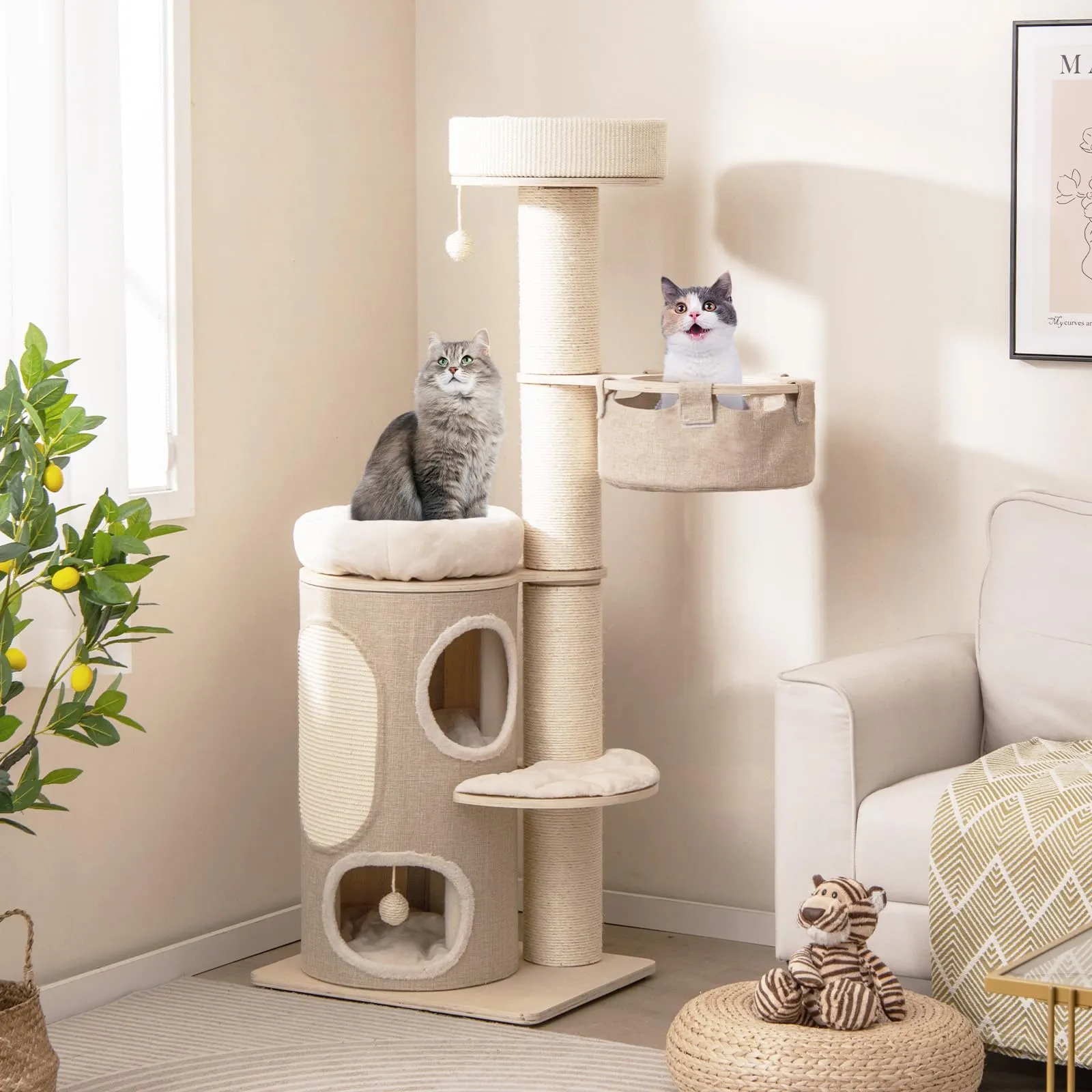 Tangkula Cat Tree Tower, 61 Inch Multi-level Tall Cat Tower with 2-Story Cat Condo, Top Perch, Sisal Scratching Posts & Carpet