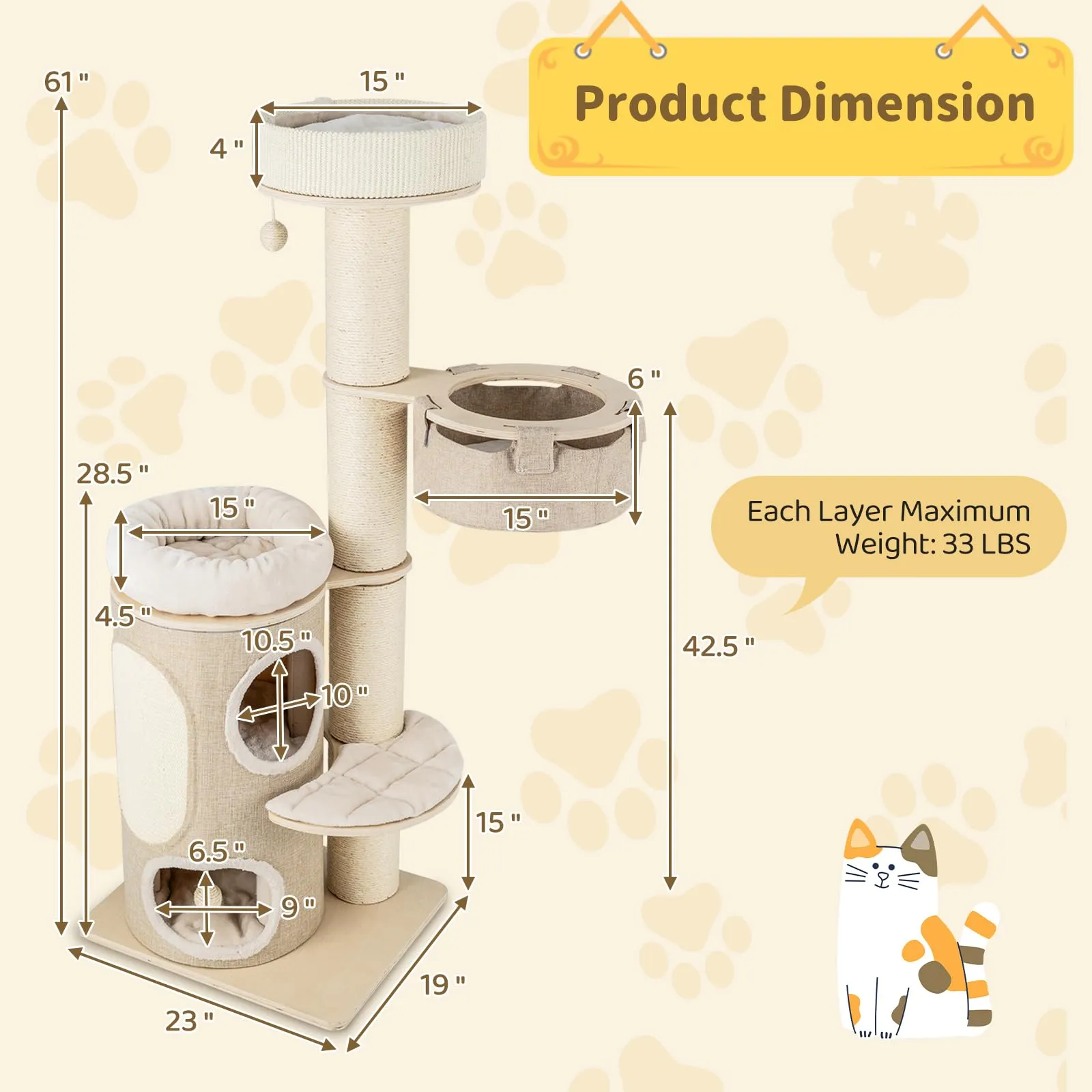 Tangkula Cat Tree Tower, 61 Inch Multi-level Tall Cat Tower with 2-Story Cat Condo, Top Perch, Sisal Scratching Posts & Carpet