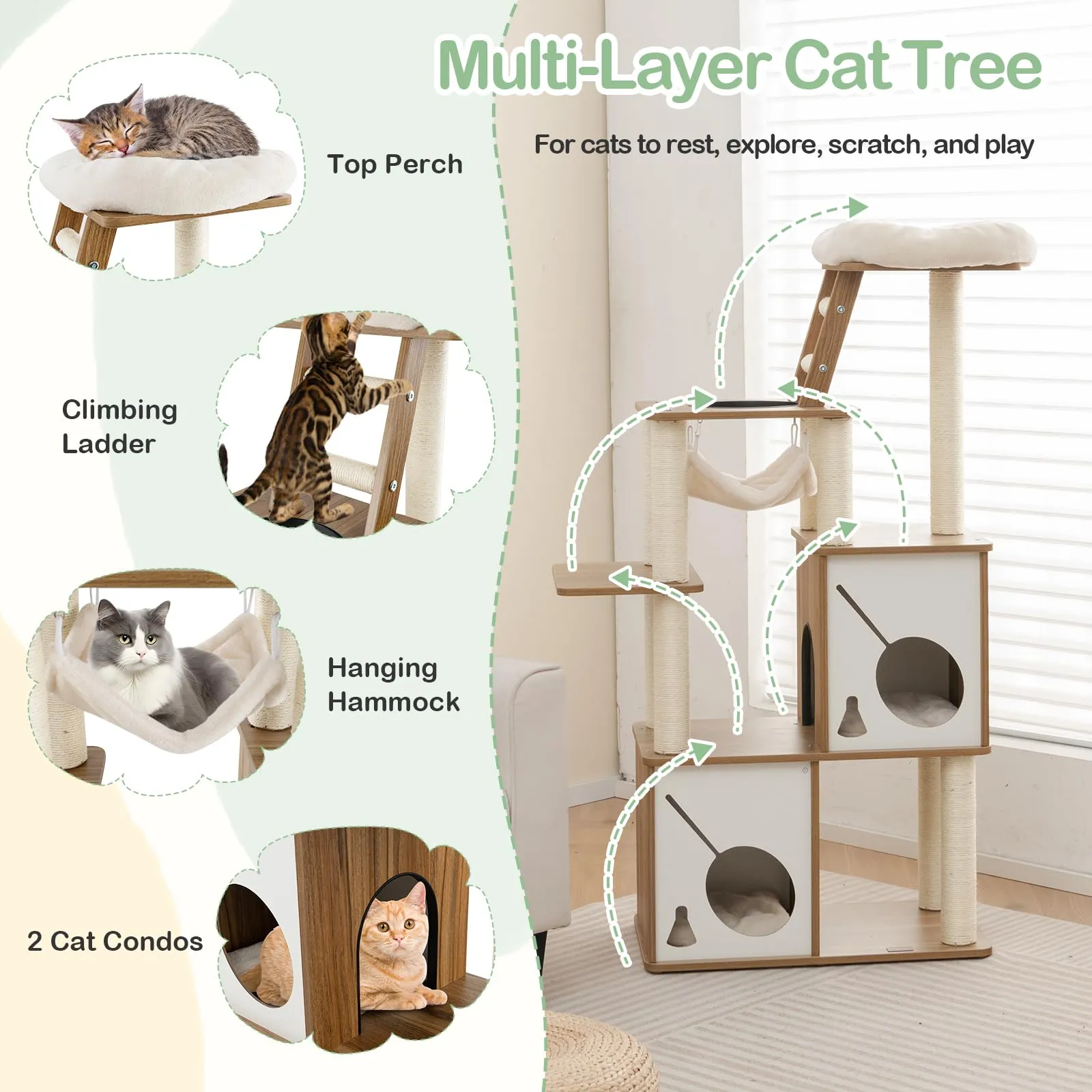 Tangkula Modern Cat Tree, 57 Inch Wood Cat Tower with Sisal Scratching Posts, Padded Top Perch