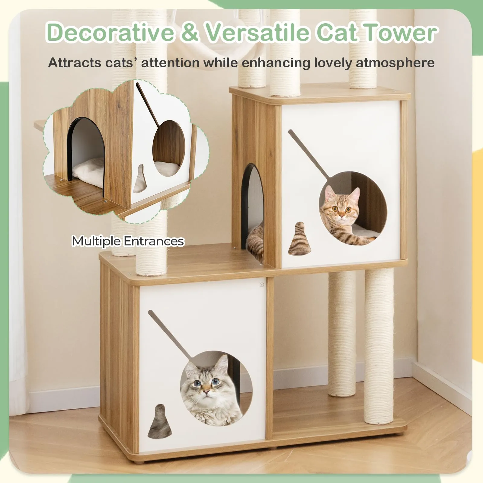 Tangkula Modern Cat Tree, 57 Inch Wood Cat Tower with Sisal Scratching Posts, Padded Top Perch