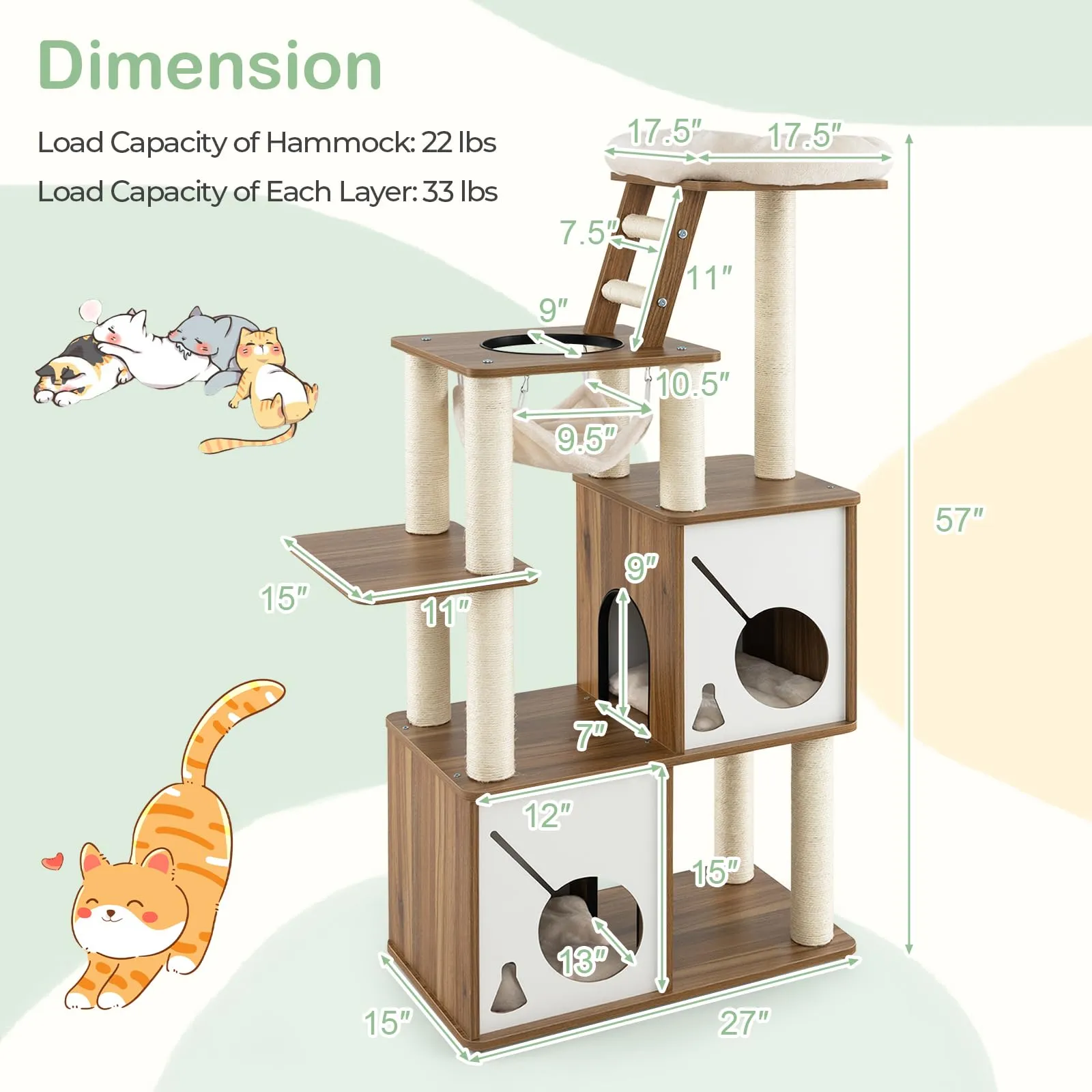 Tangkula Modern Cat Tree, 57 Inch Wood Cat Tower with Sisal Scratching Posts, Padded Top Perch