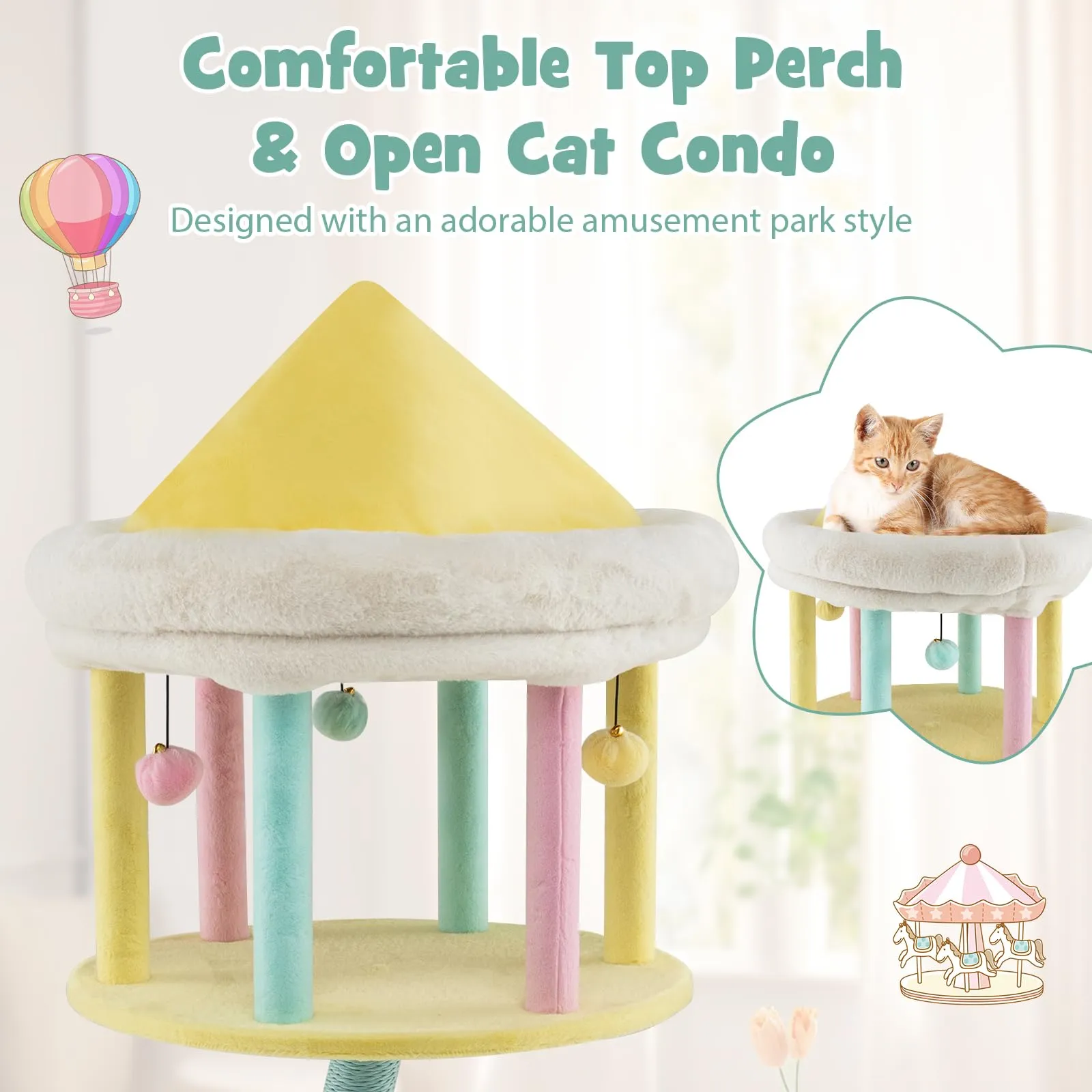 Tangkula Tall Cat Tree, 57.5 Inch Amusement Park Style Cute Cat Tower with Top Open Condo