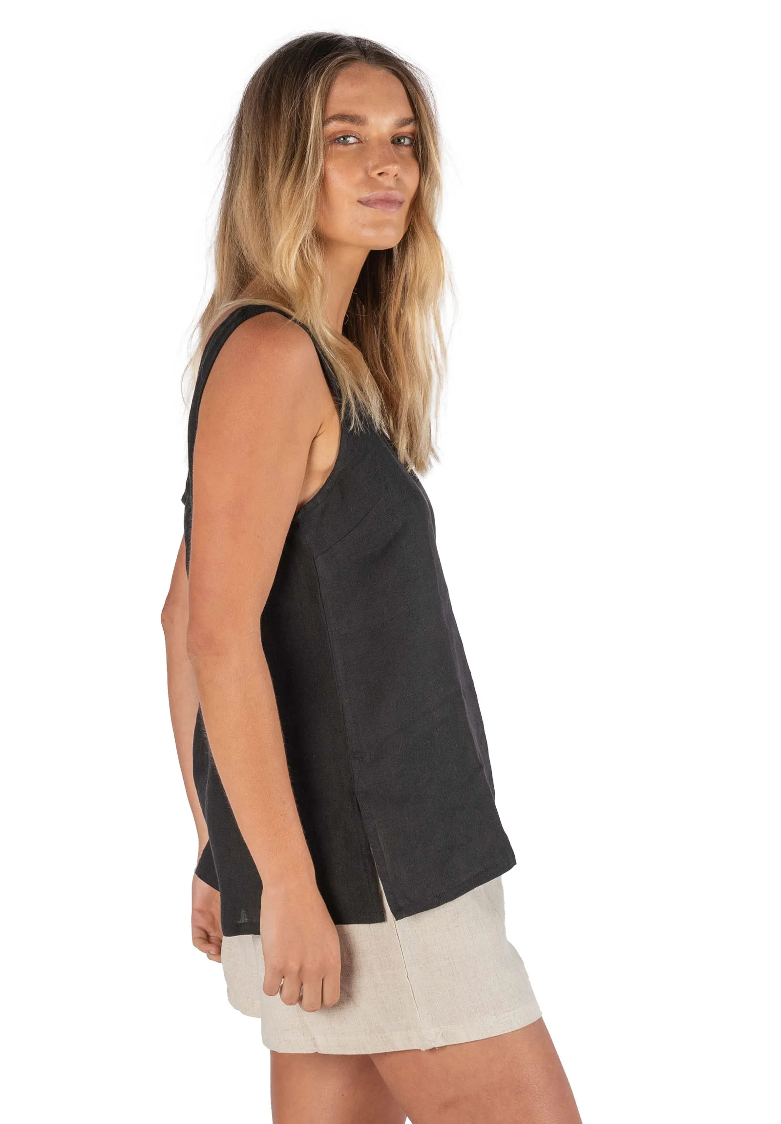 Tanya Tank Black Linen Top