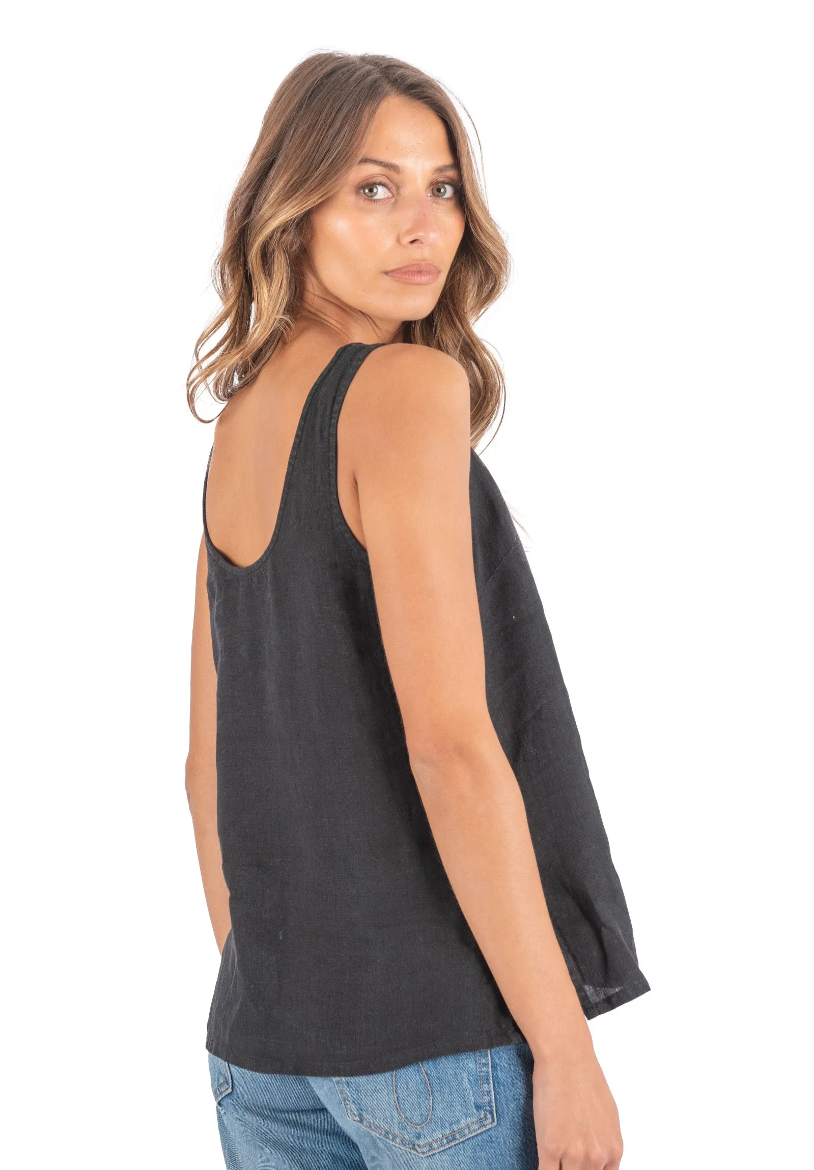 Tanya Tank Black Linen Top