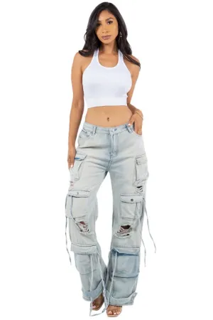 TEEK - LIGHT BLUE SEXY CARGO STYLE DENIM PANTS