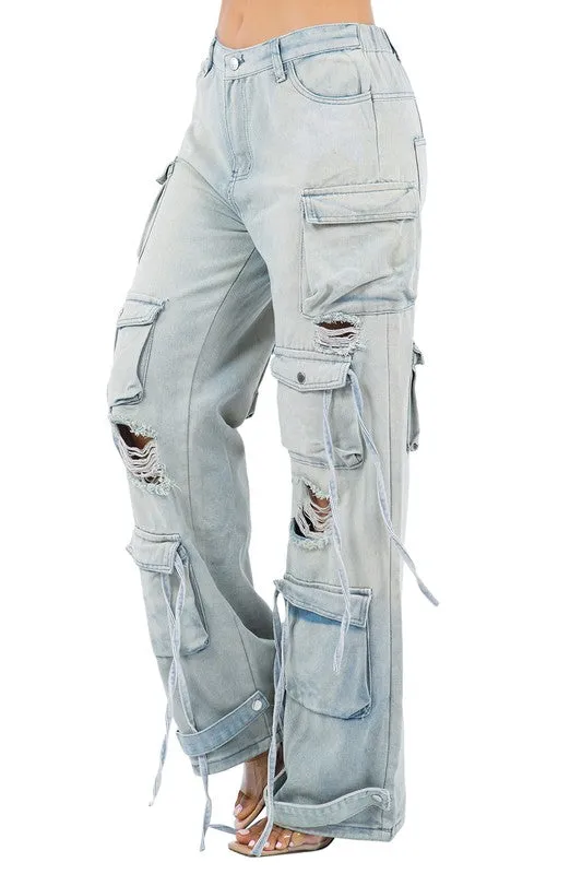 TEEK - LIGHT BLUE SEXY CARGO STYLE DENIM PANTS