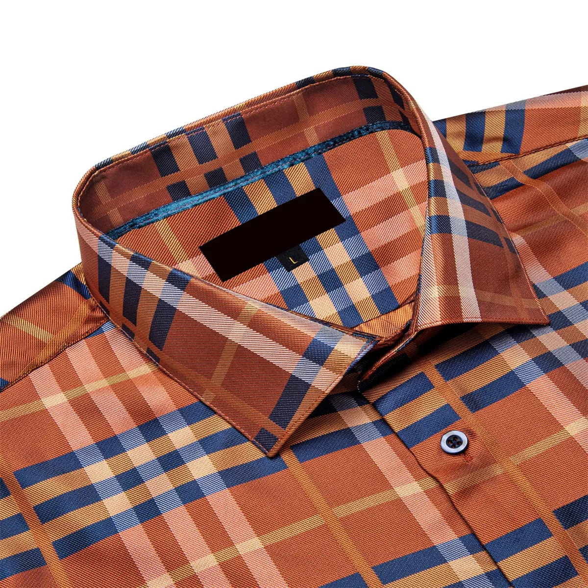 Ties2you Silk Shirt Orange and Blue Plaid Button Down Mens Long Sleeve Work Dresses Shirt