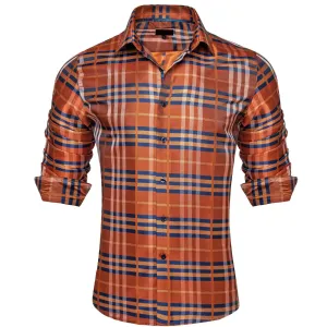 Ties2you Silk Shirt Orange and Blue Plaid Button Down Mens Long Sleeve Work Dresses Shirt